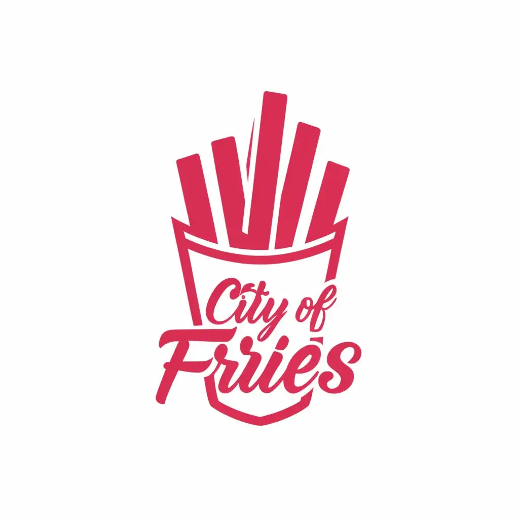 a logo design,with the text "CITY OF FRIES", main symbol:"""

pink, white, long fries, simple

""",Moderate,be used in Restaurant industry,clear background
