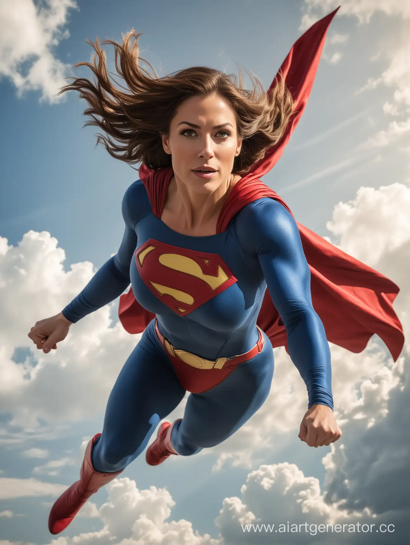 A beautiful woman with brown hair, age 40, she is very muscular, She is flying in the sky like Superman, she is wearing the classic Superman costume