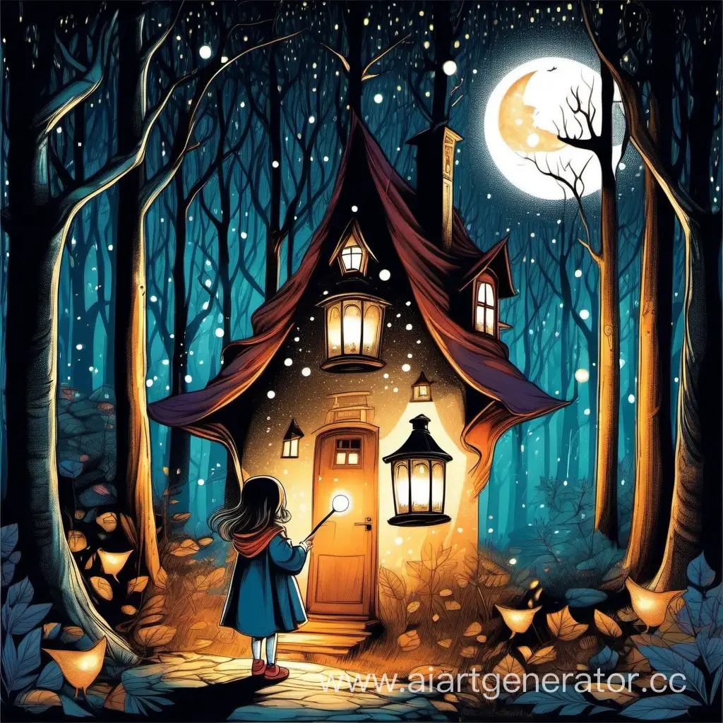 иллюстрация домик в лесу ночь и фонарь, рядом девочка в плаще с волшебной палочкой