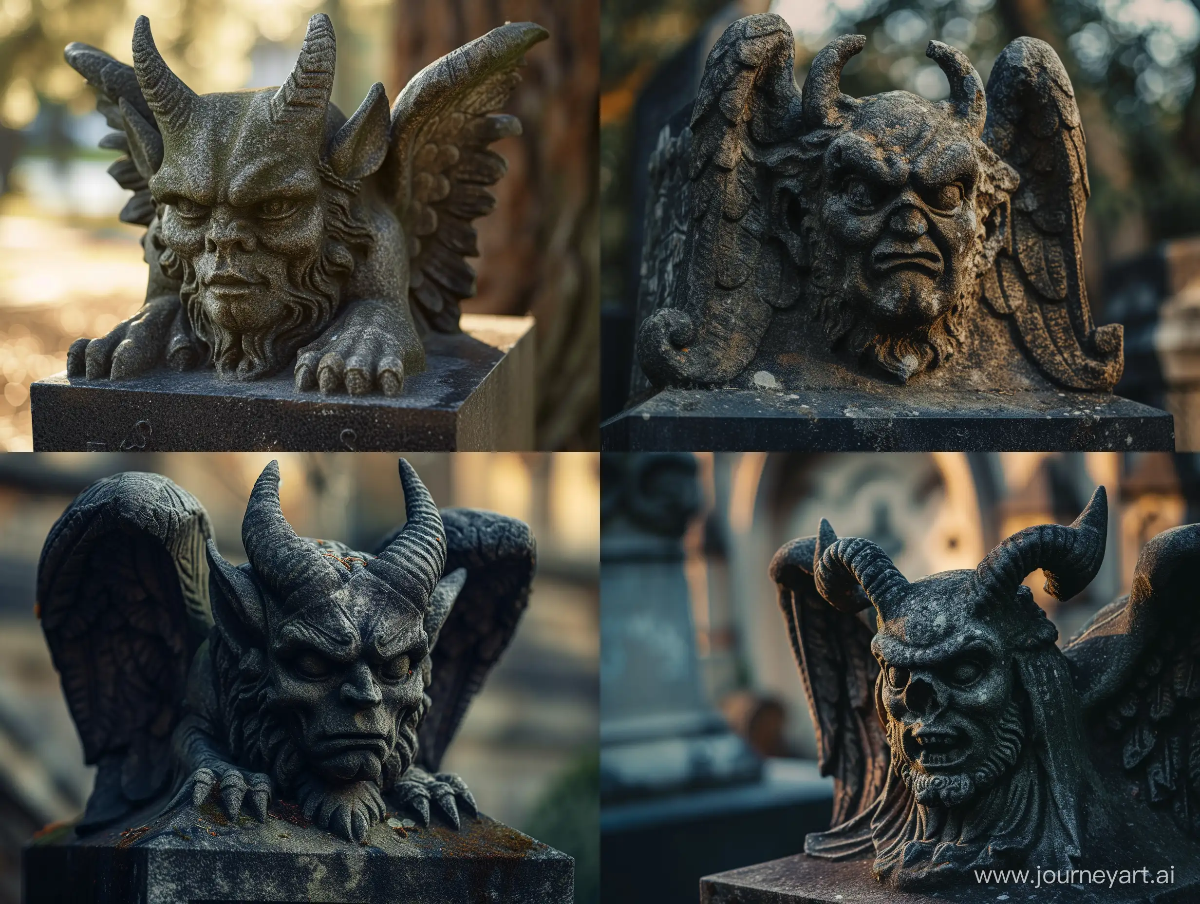 Black tombstone with Stone statue of a mythological creature, with wings, horns, and a fierce expression,in Cemetery,incredible detail,warm light,terrifying.