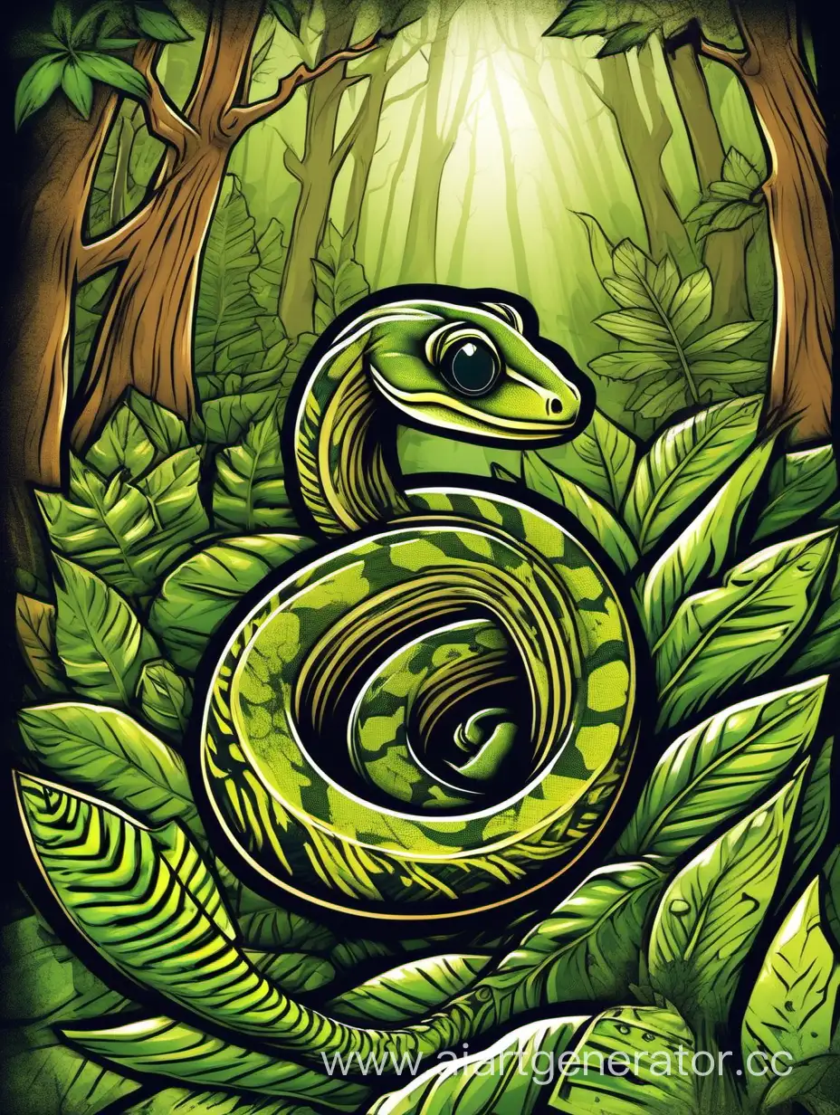 Forest-Skateboard-Deck-Design-Featuring-a-Serene-Green-Snake-and-Gecko