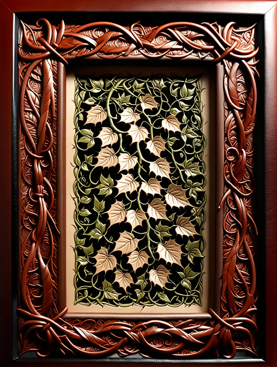 A 1" strip of leather framing the 6" x 8" view has been embossed with intricate, twining vines.