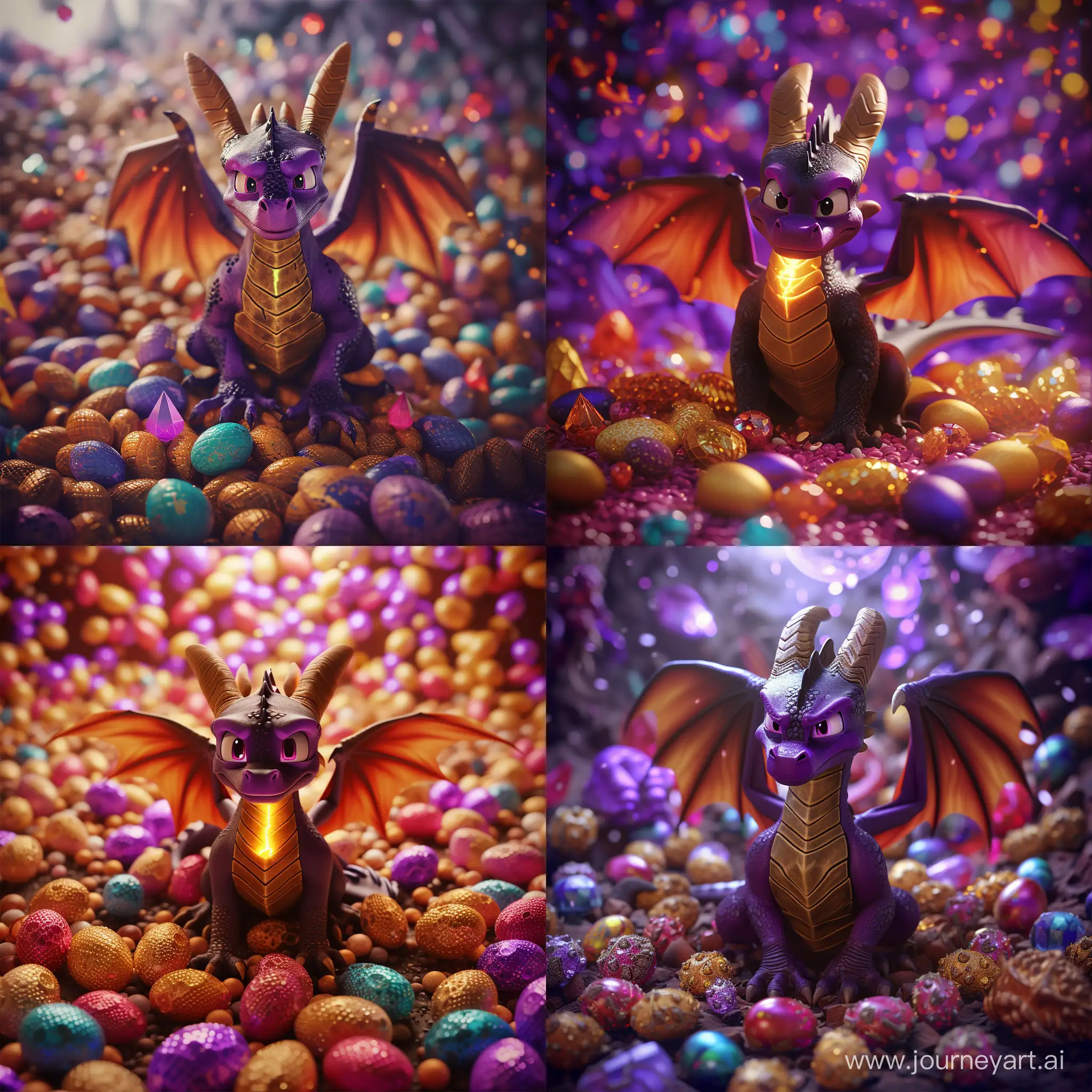 Spyro the dragon grown up with veiny wings open, scaly skin and glowing throat, sitting in the middle of (dragon eggs and gems) of all colors and sides and, photorealistic, cinematic, 8k