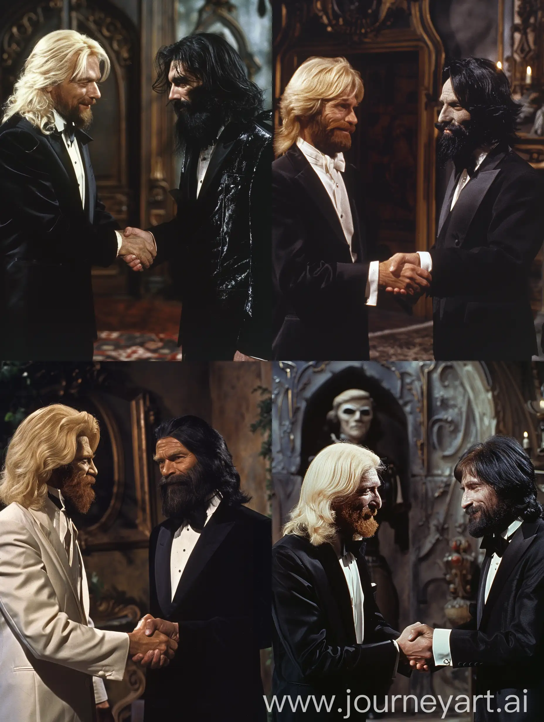 Realistic,70 horror fantasy movie,dvd screengrab
Blond man with tuexido shaking hands with black haired bearded man in tuexido