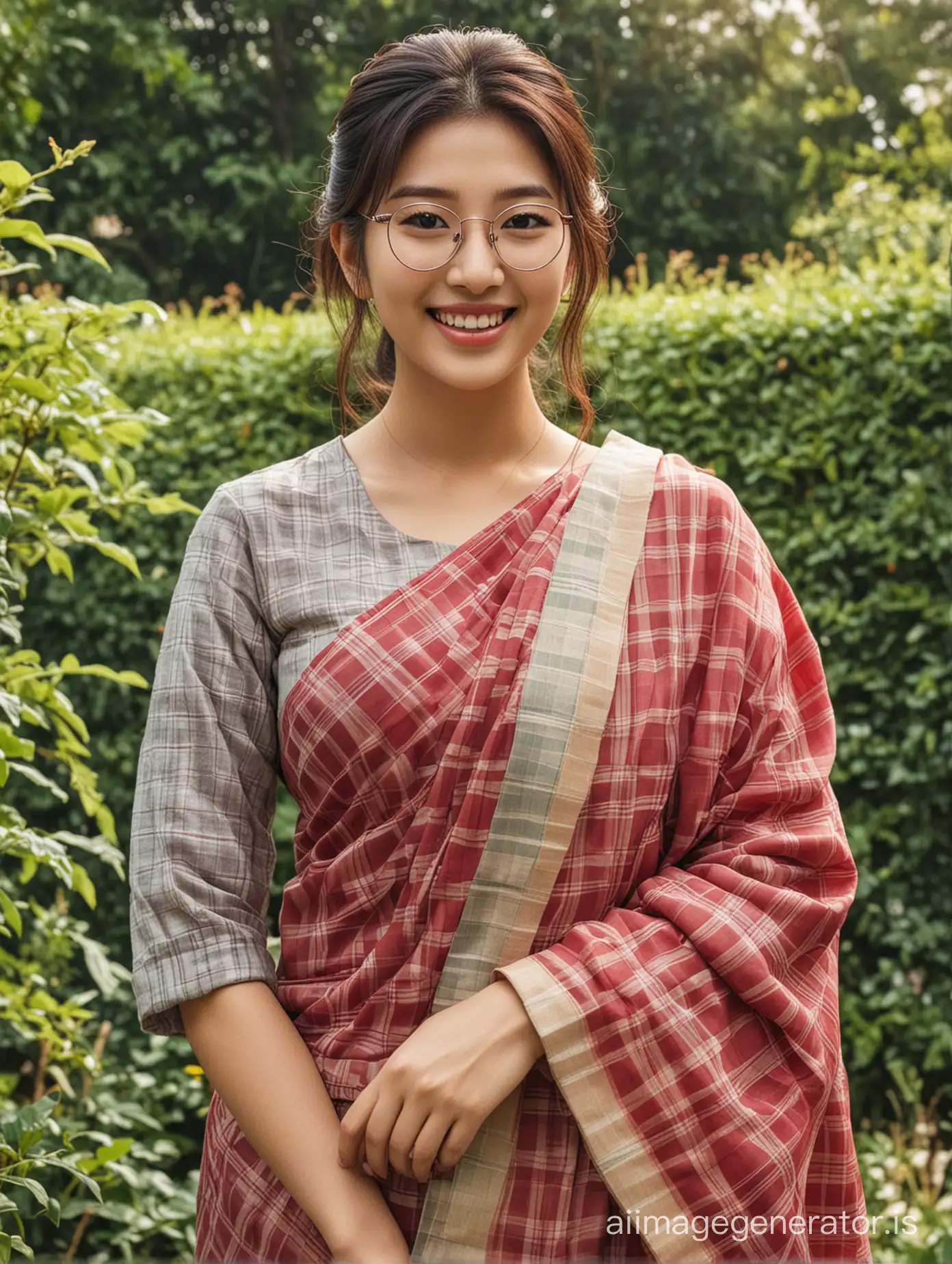beautiful suzy bae smile in a garden wearing check traditional saree tied hair spectacles portrait