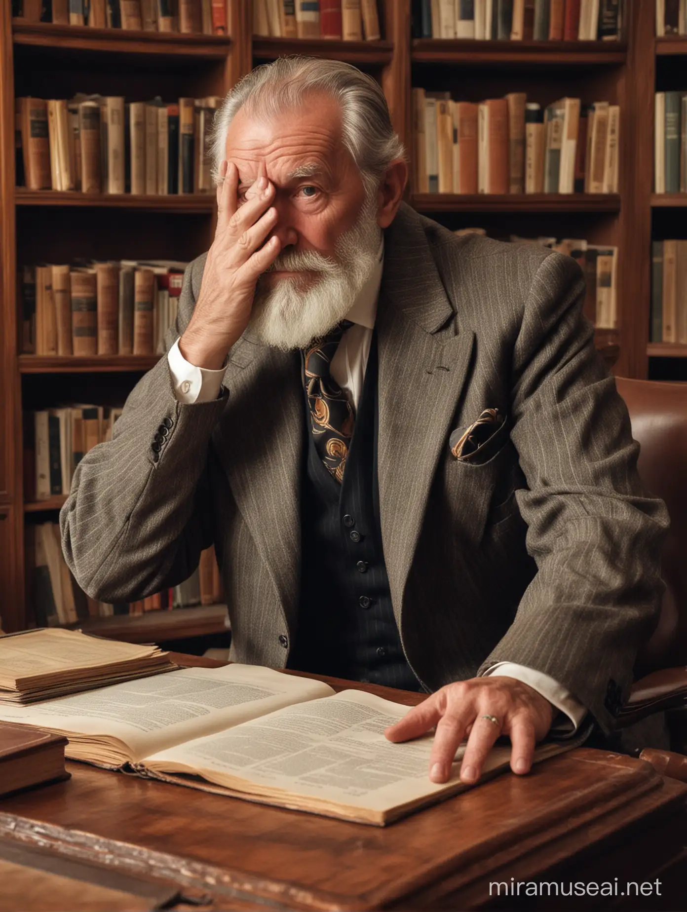 Anciano de barba prolija, cubre su cara con sus dos manos, vestido con traje a la moda de 1930, en una habitación con escritorio y biblioteca, en una casona antigua.