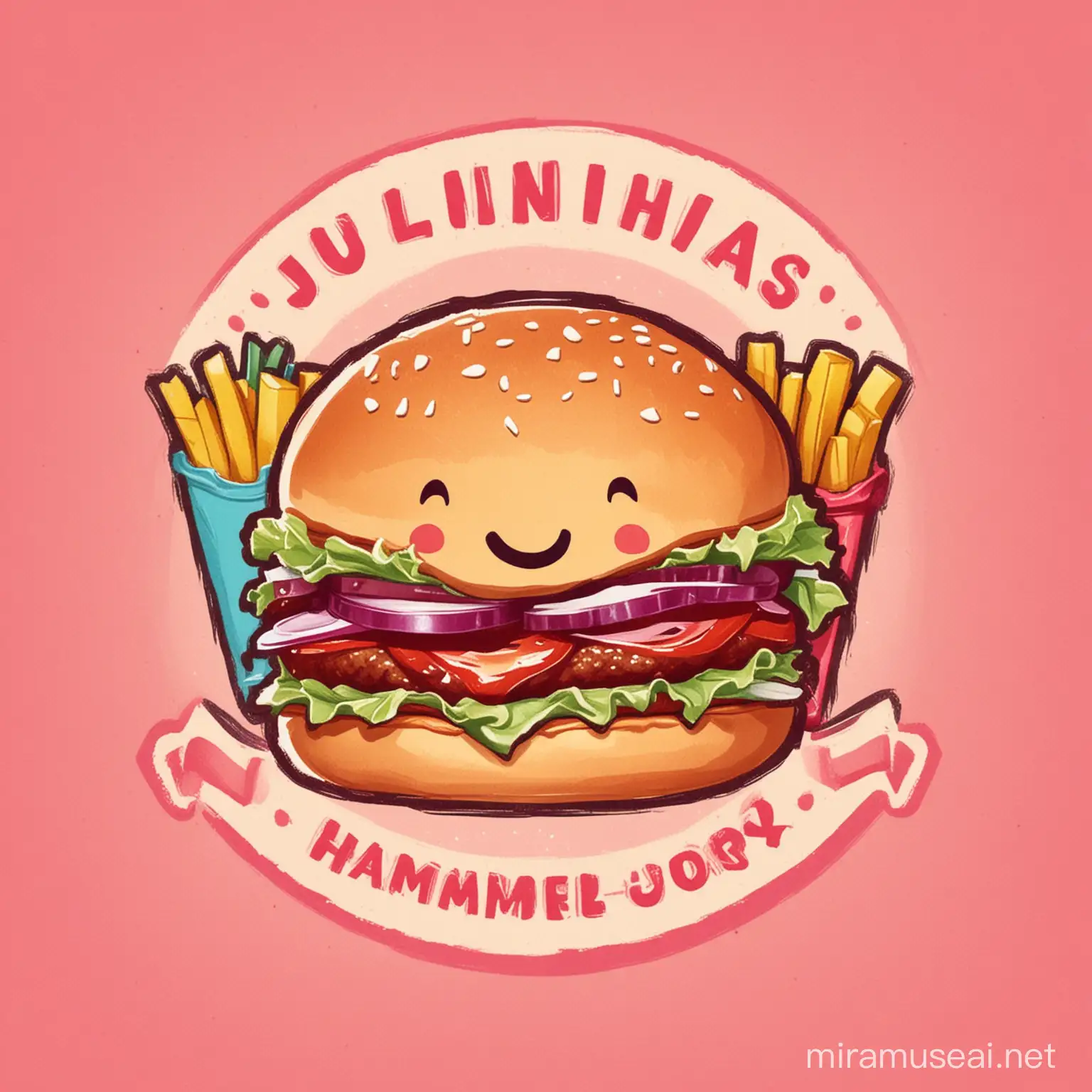 logomarca para a hamburgueria Julinha's Burger. A logo é formada por um sorriso com um lanche e batatas fritas de fundo.

Cartoon style, feliz e temática infantil e rosa