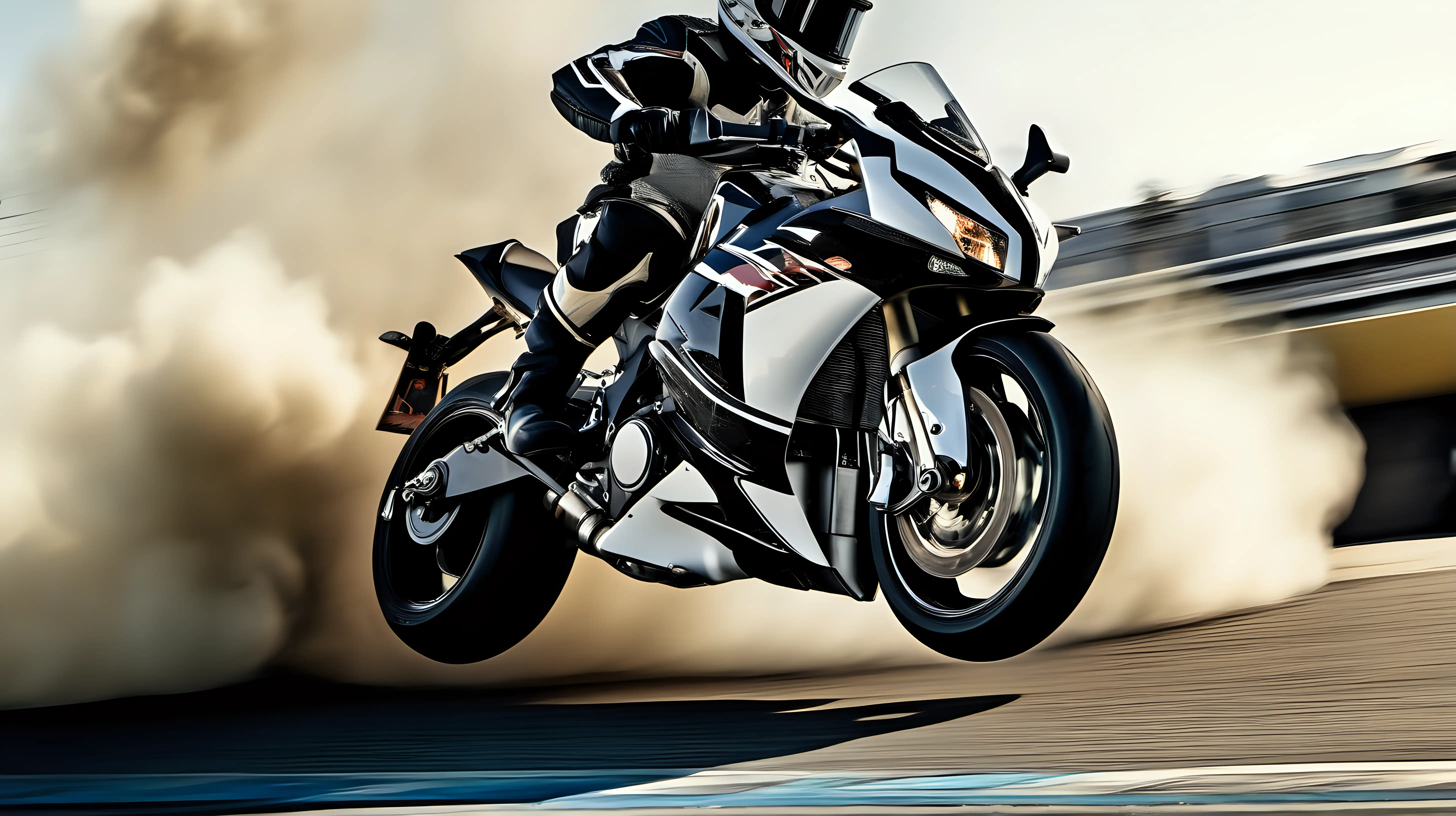 A breathtaking close-up of a power bike's front wheel lifting off the ground during a wheelie, with the rider's focused gaze visible through the visor of their helmet, capturing the raw power and excitement of the moment.
