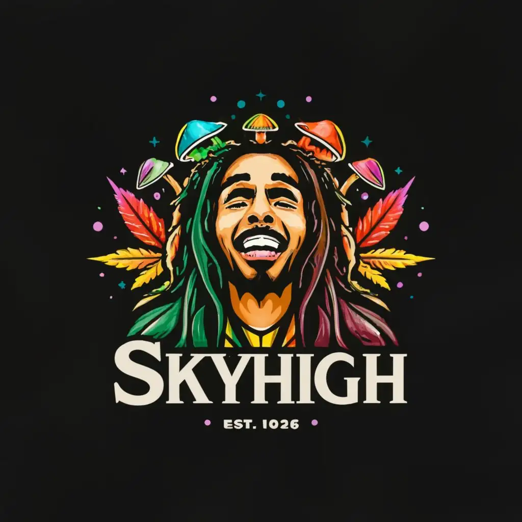 a logo design,with the text "SkyHigh", main symbol:Bob Marley, Cannabis, Magic mushrooms,Moderate,be used in Retail industry,clear background