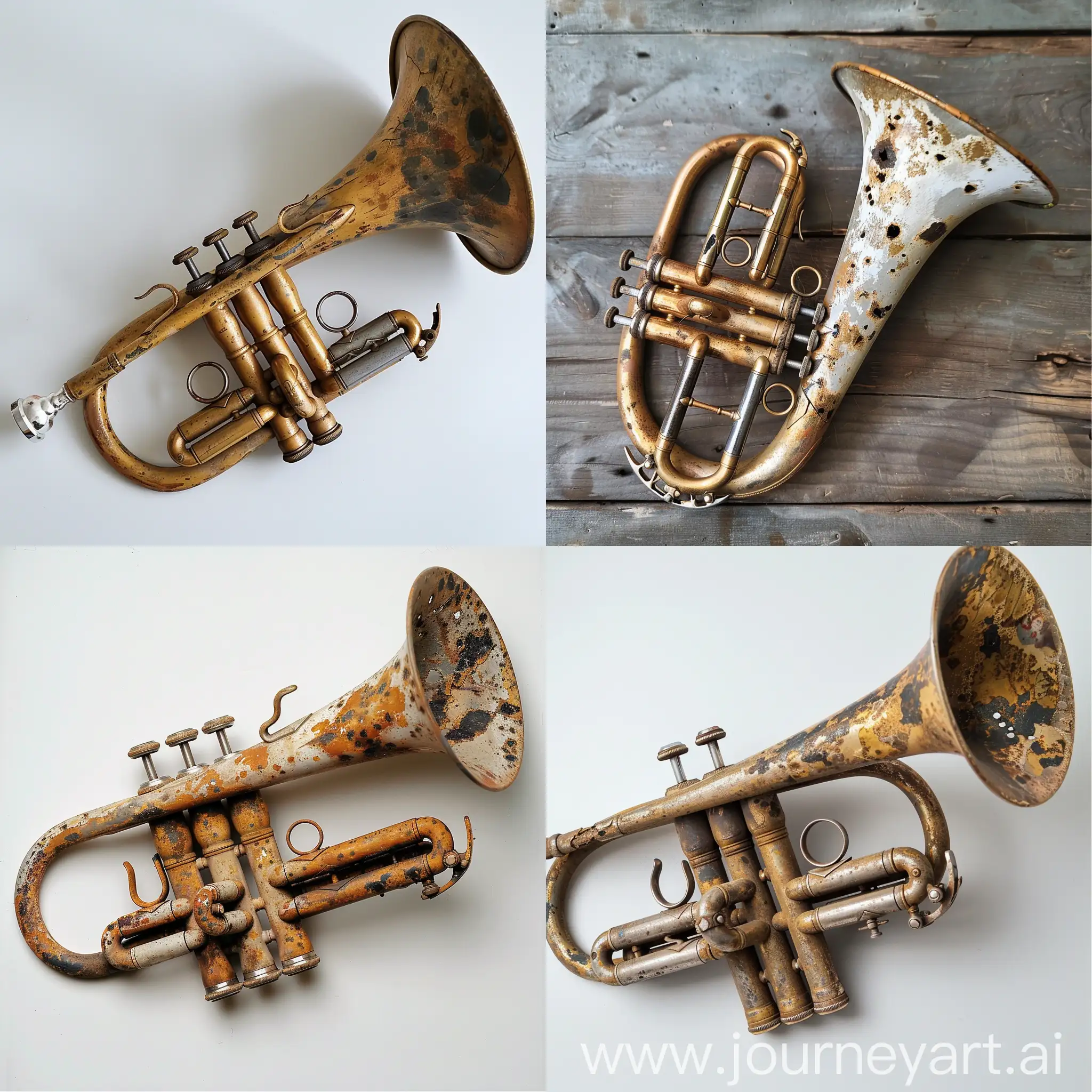 generate  a broken trumpet for a body. The trumpet's bell is dented and bent, with a few holes scattered across its surface. Despite its flaws, it exudes personality and charm