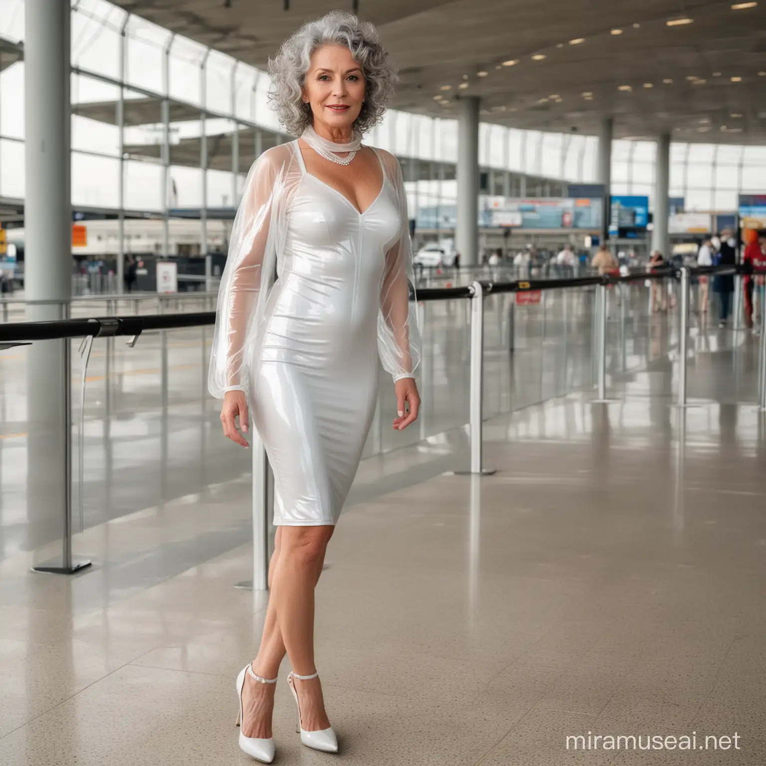 a full body view of a beautiful secuctive  very slimm 70 year old woman with grey curly hair wearing a tight transparent white colored open crotch latex dress  showing her bra and wearing high heels standing at an airport