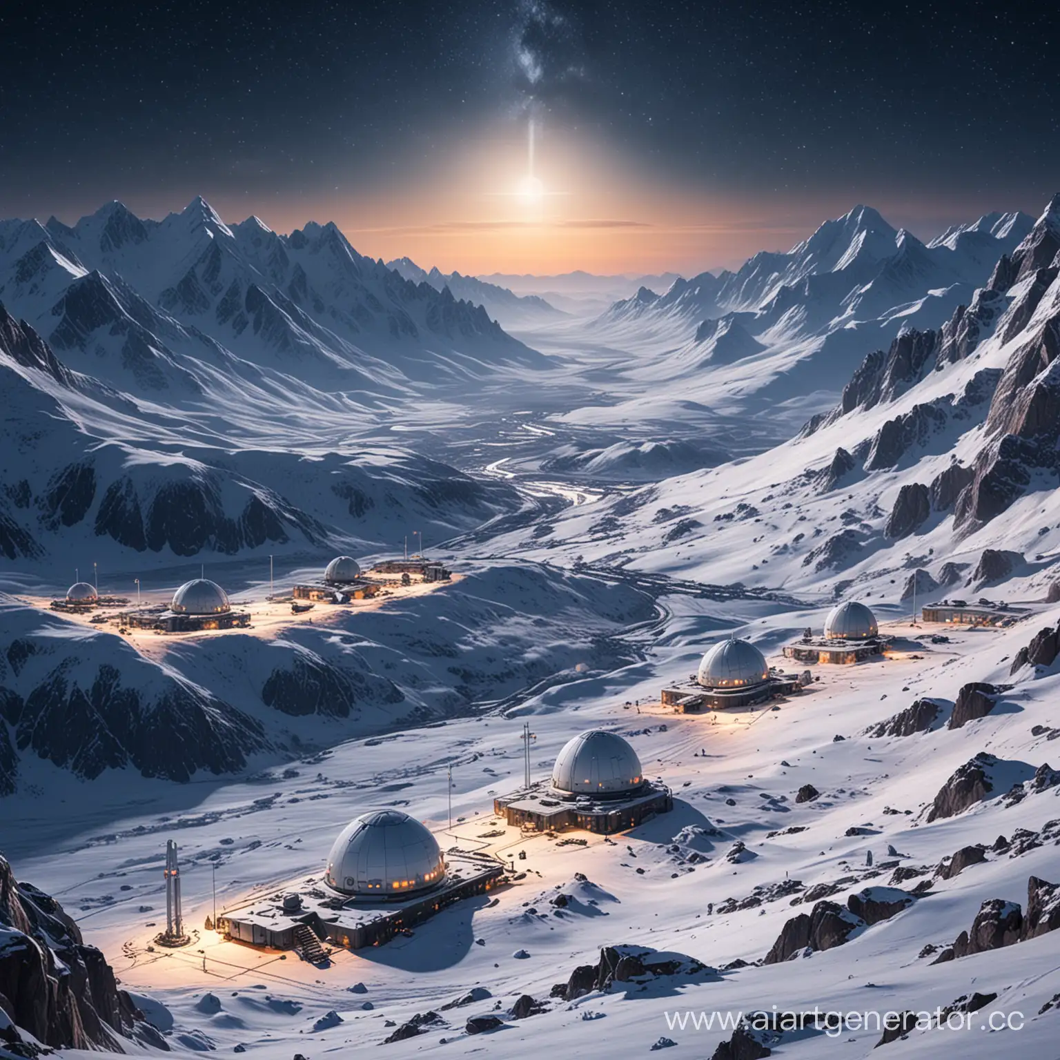 Military-Space-Research-Base-with-Beacons-on-Snowy-Mountain-Peak-under-Starry-Sky