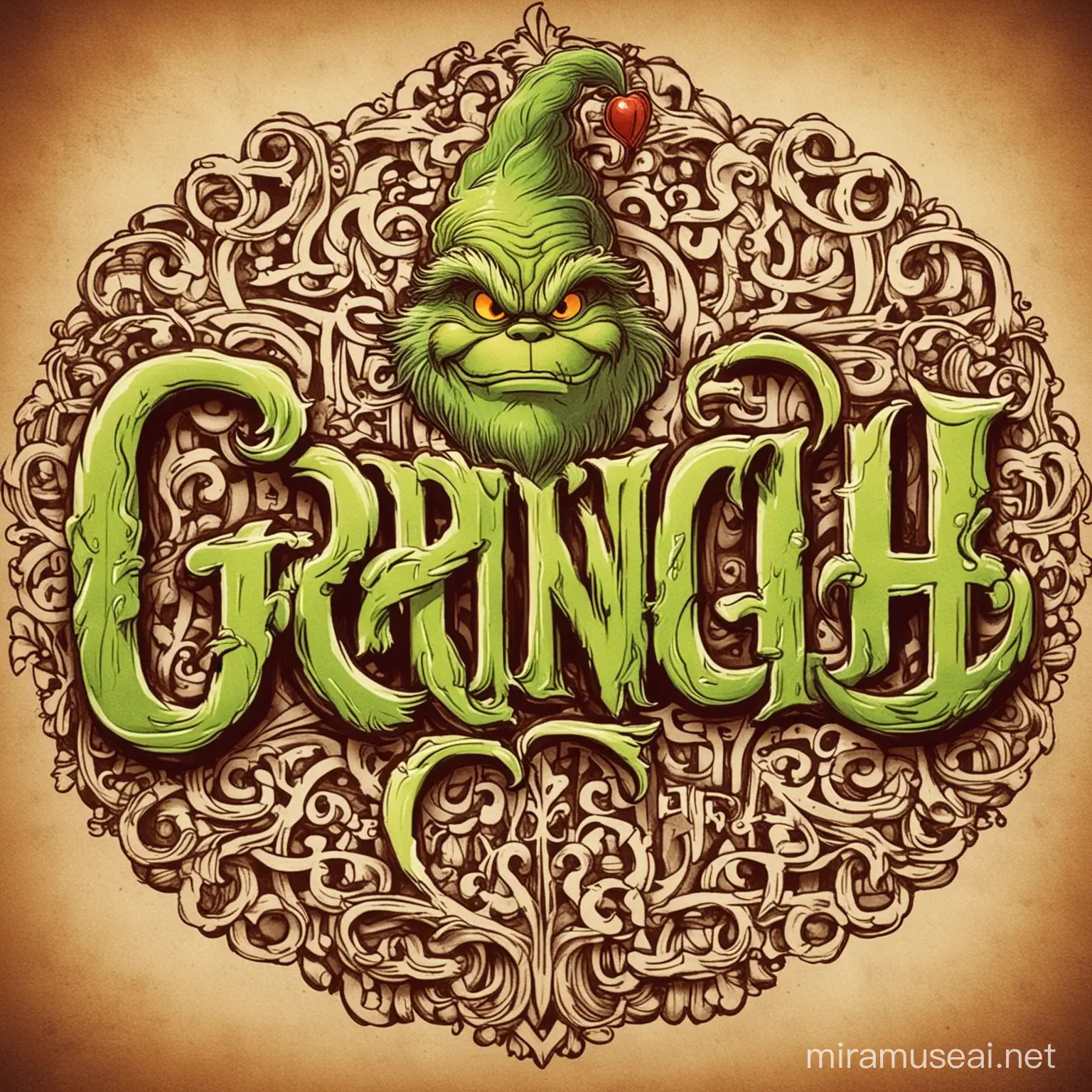 old school grinch logo in ornate calligraphy writing 