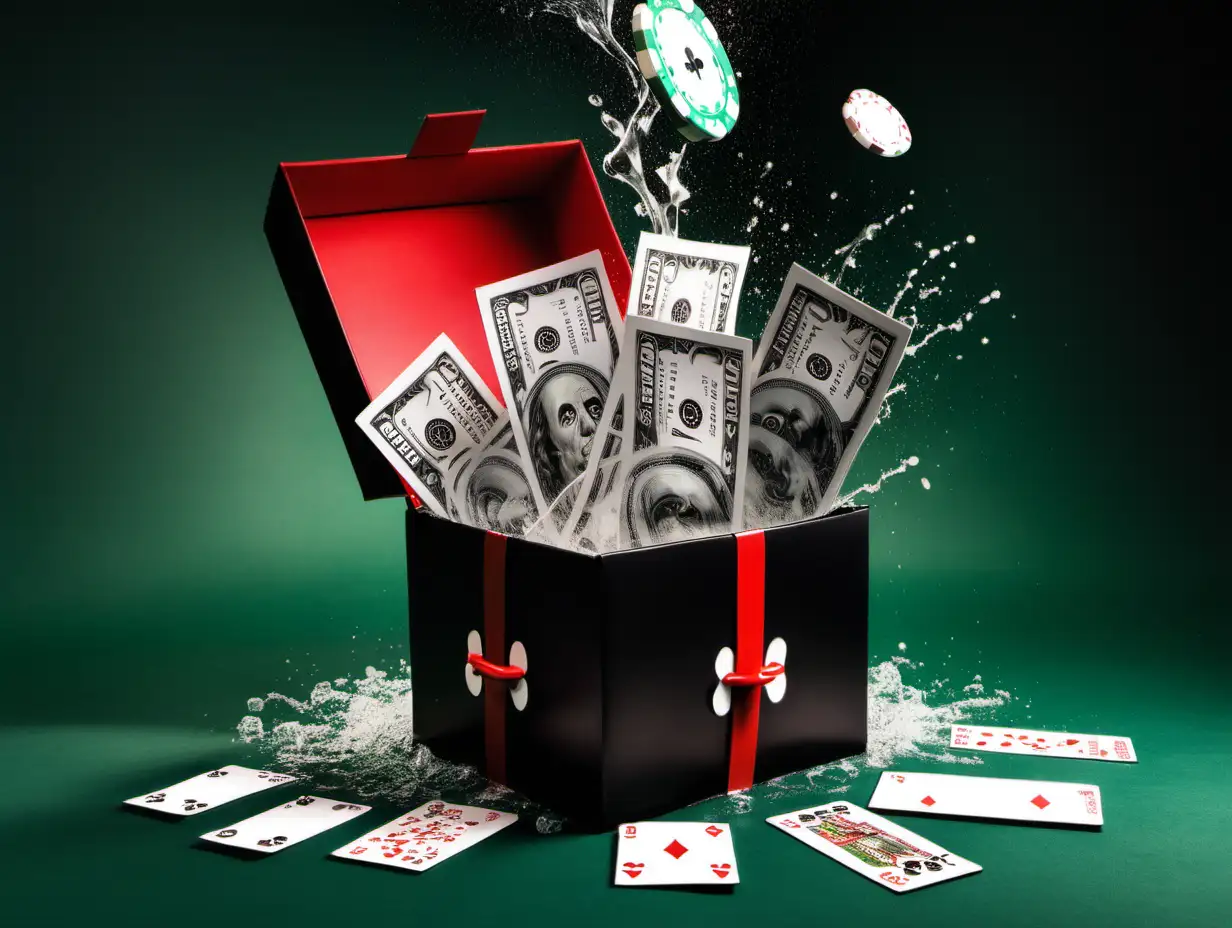 Poker themed Gift box filled with dollars splashing out 
