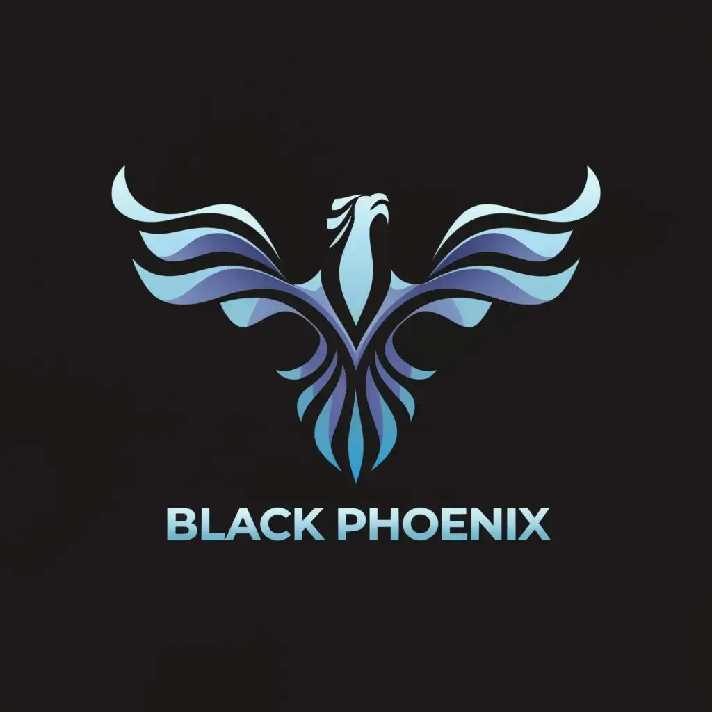 logo, phoenix in Persian blue and royal black color, minimalistic, with the text "black phoenix", typography
