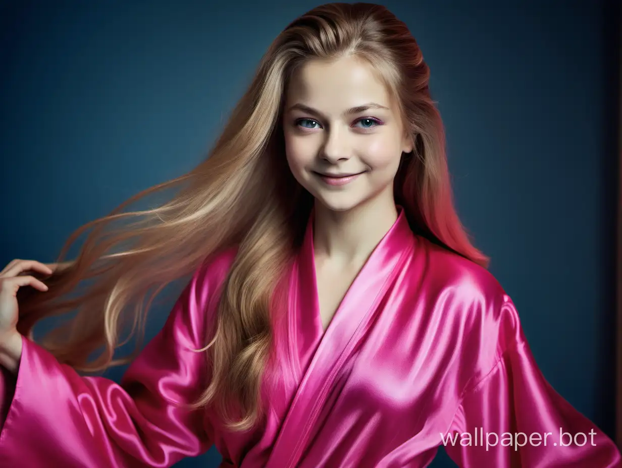 Yulia Lipnitskaya with long silky hair Smiling in Luxurious Pink fuchsia Silk robe
