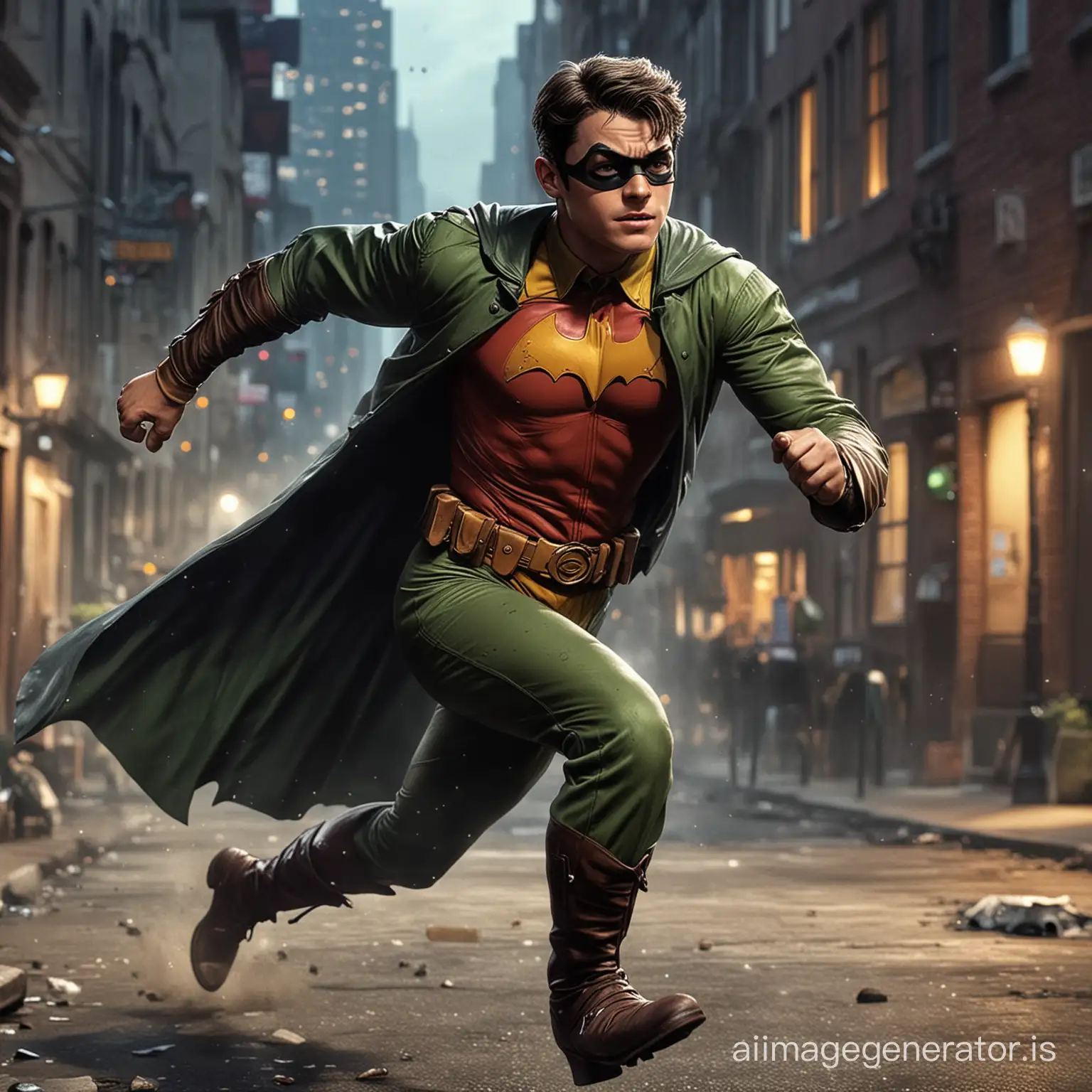 Realistic picture of Robin from the Batman comics. Accurate. Robin is running through a 1940s American city by night. Robin the boy wonder. Robin looks like in his very first appearance in comics. Robin with his suit from the old Batman comics by Bob Cane. Robin. Batman comics. Comicaccurate. Retro. Suit from the comics. First Robin ever. First appearance in comics. Realistic. Live-action. Robin running.