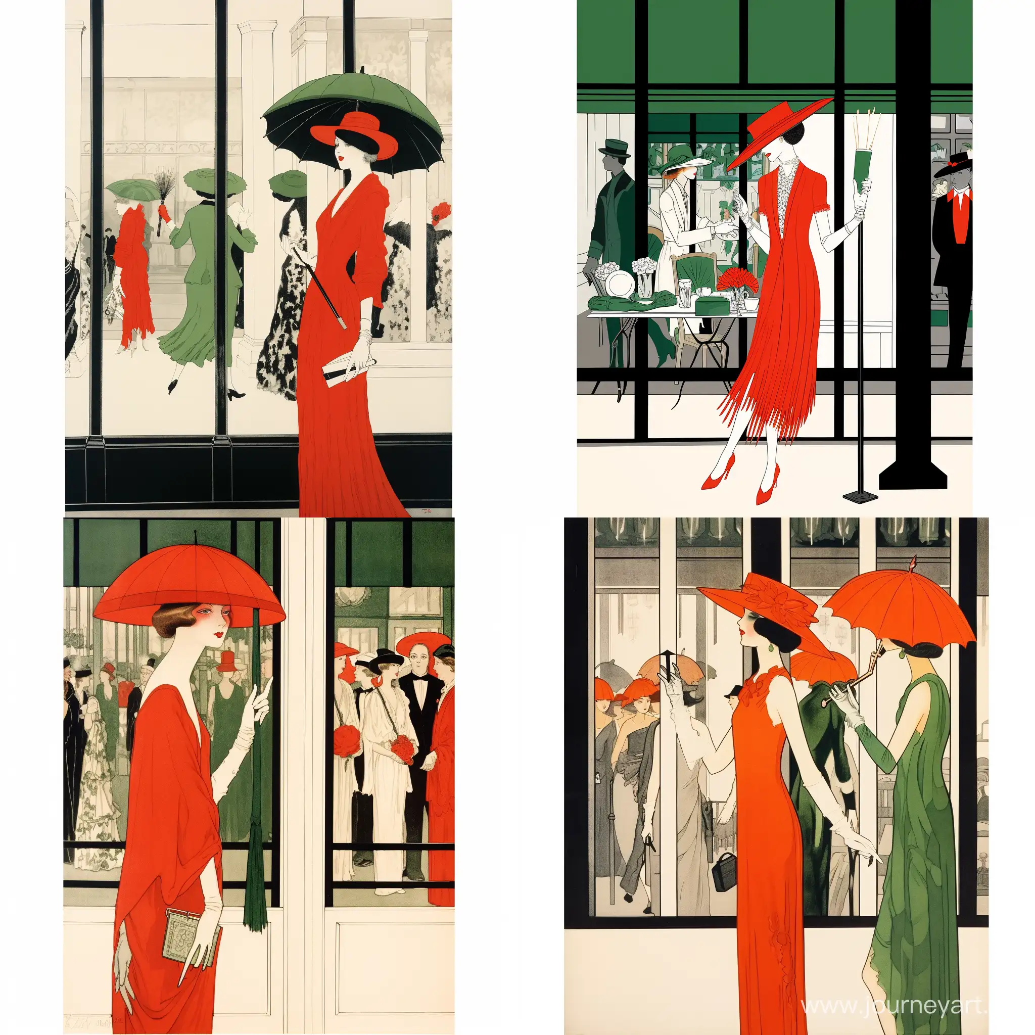 Only one human woman without a face in a red dress with long sleeves and white cuffs from the 1914s holding a yellow parasol is on the left side of the image looking at a white building shop on the right side of the image which contains a glass wall and behind the glass wall there are three black hats with green feathers and one black hat with a red feather and one brown hat with a black feather and one yellow hat with a black feather. It all looks like a painting.