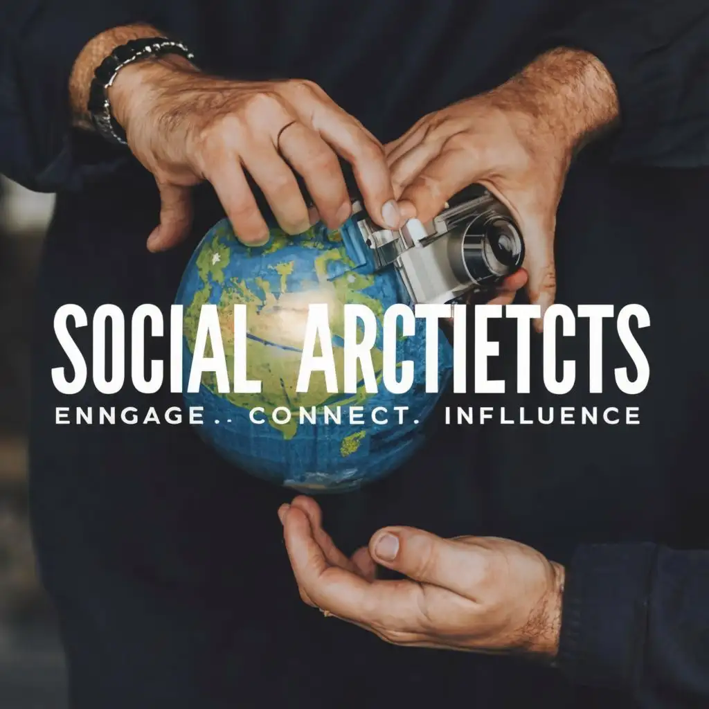 logo, camera, scoial media, world, with the text "Social Architects
Engage. Connect. Influence", typography