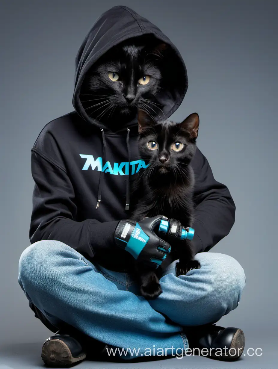 Черный кот в черном худи и в светлых джинсах держит в лапах Макита 
