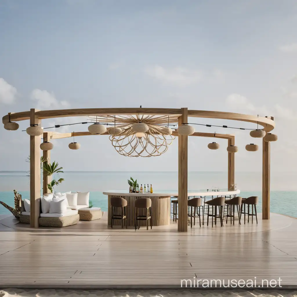 a serene beach bar nestled along the sandy shoreline. a round shaped open beach bar with dangling plants from the middle is designed with a perfect balance of elegance and relaxation, embodying a harmonious fusion of nature and modernity. seamless blend of white aesthetics and natural elements. a unique ceiling structure made of ropes that combines lightweight materials with subtle lighting fixtures and greens. The ceiling design is transparent and made of ropes allows for uninterrupted views of the sky above. At the center of the bar, a sleek and modern counter stretches along one side, offering a tempting array of refreshing drinks and cocktails inspired by the flavors of the tropics. Outside, a spacious deck extends toward the sea, dotted with cozy lounge chairs and fabric ceiling that shades the wooden deck