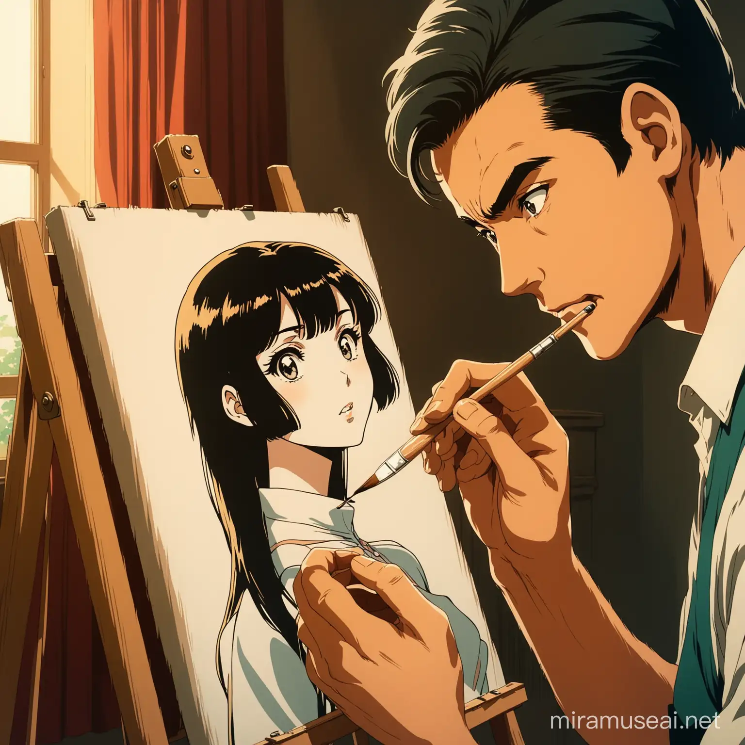 Vintage Anime Style Man Painting a Horrible Portrait of a Young Woman