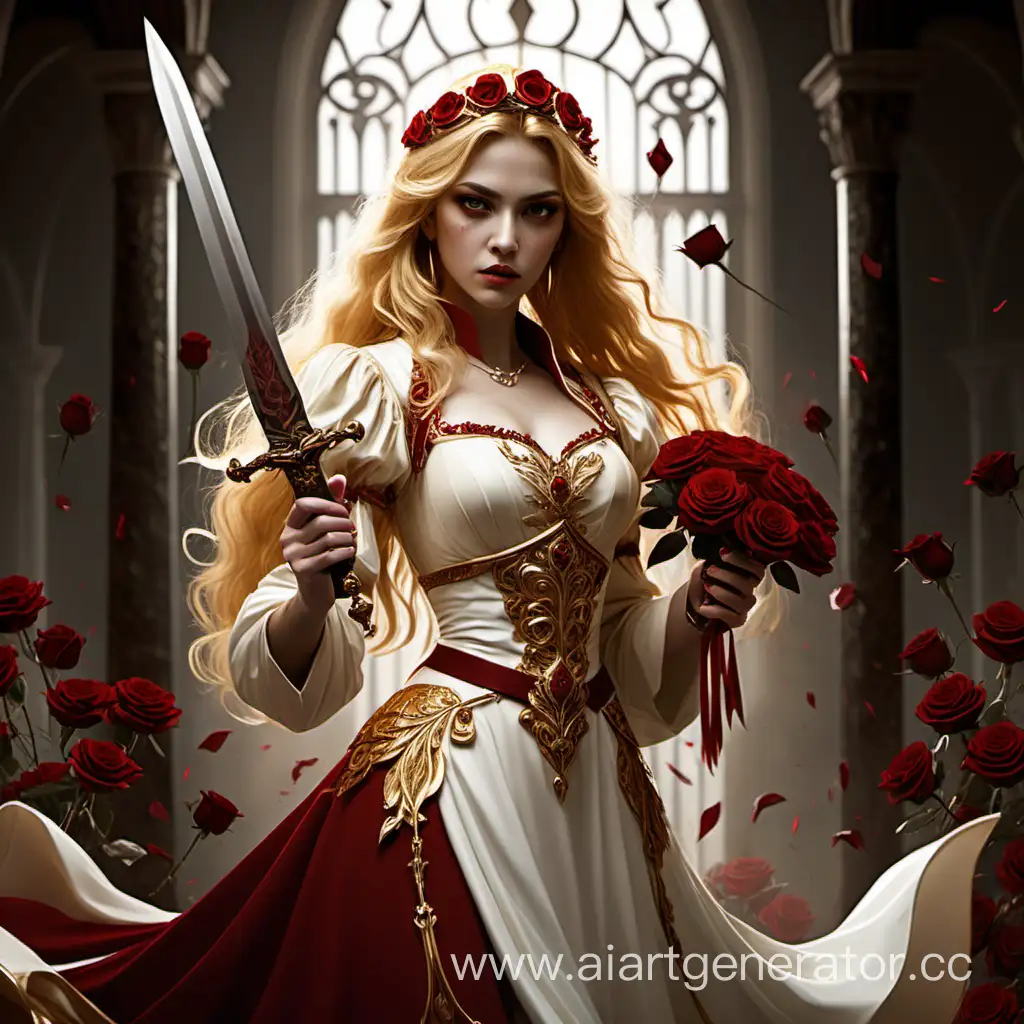Принцесса Ария Розен, золотые волосы, янтарные глаза, красно-белое платье, держит в руке кинжал украшенный розами