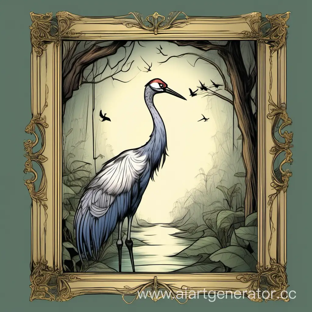Enchanting-Digital-Drawing-of-Curious-Crane-in-Fairy-Tale-Setting