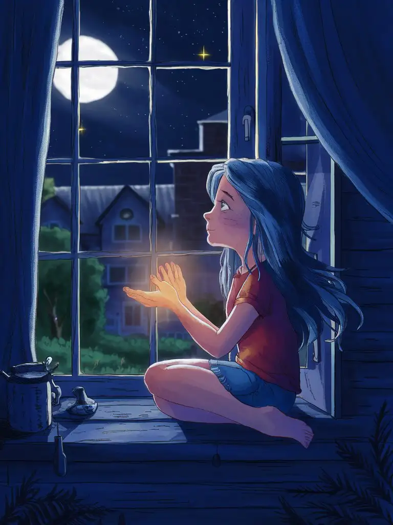 Dreamy Girl Alison Under Moonlight Gazing at Stars with Warmth
