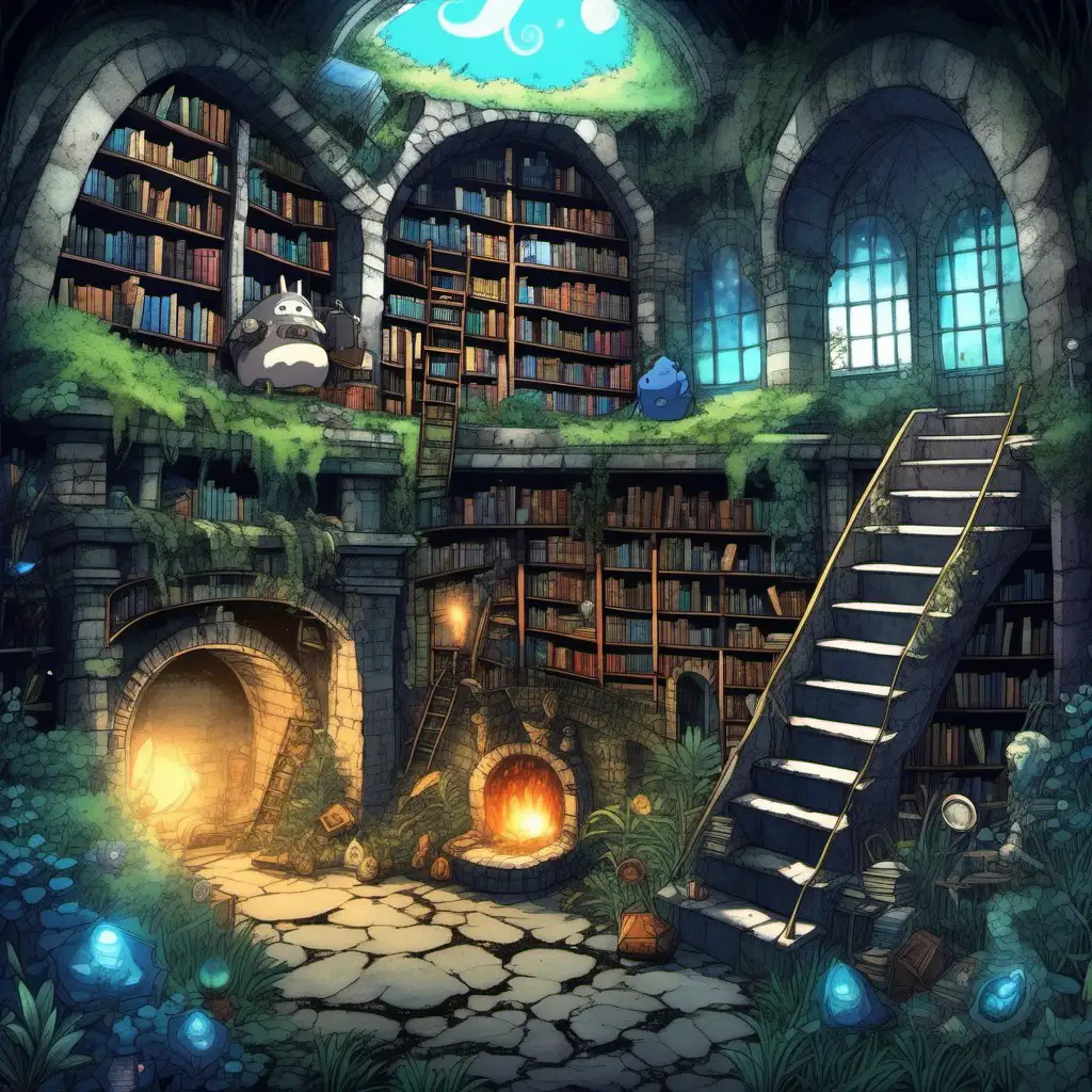 "big  warm cozy underground magical library" "ghibli style"; fireplace "gray ground"; "magic artifacts and machinery" "many different blue magic creatures everywhere";  little overgrown; ruins;  "view from top down angle" --no sunlight --no windows