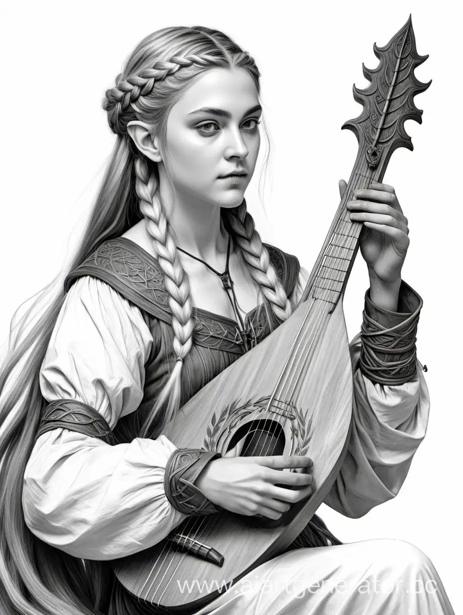 High-Elf-Aristocrat-Playing-Engraved-Lute-in-4K-Black-and-White-Sketch