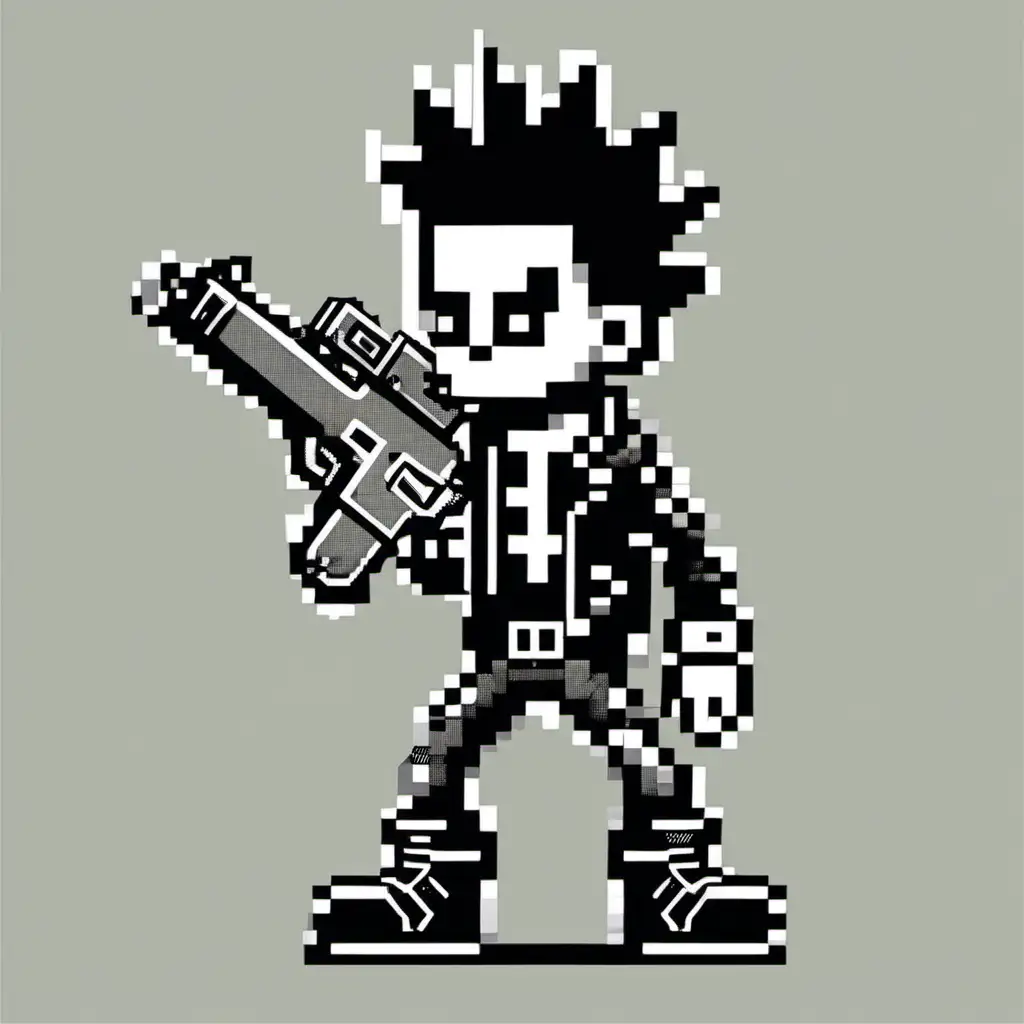 Pixel Art of a Determined Punk Character with a Gun