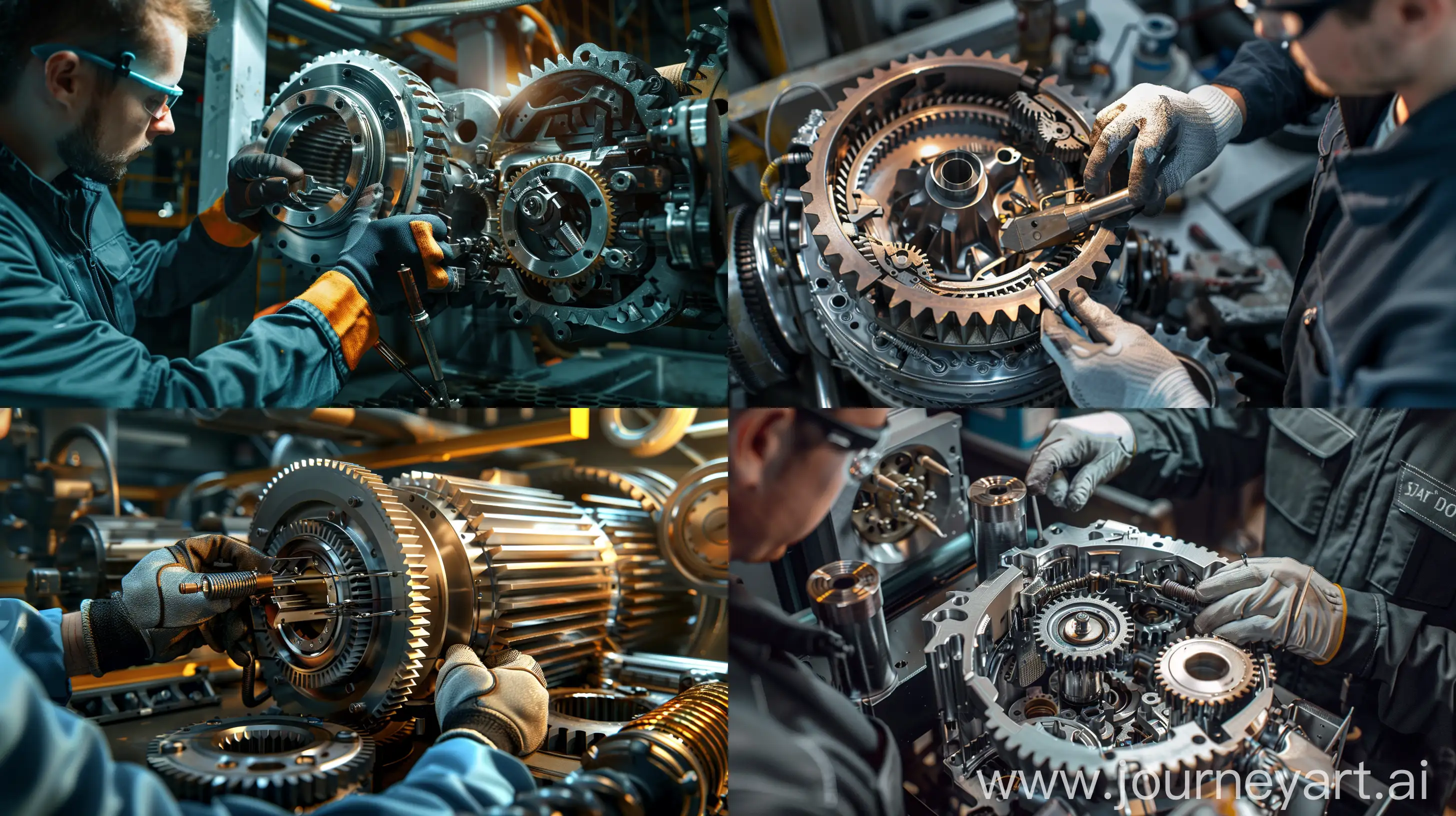 A photorealistic image of an industrial solar gearbox undergoing repair, with its internal components clearly visible. The gearbox should be large and complex, with a variety of gears, shafts, and bearings. The repair technician should be wearing gloves and safety glasses, and they should be using a variety of tools to disassemble and repair the gearbox. The lighting should be bright and clear, and the image should be in focus. --ar 16:9