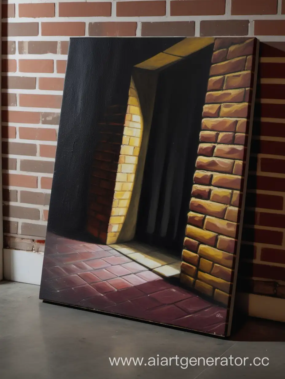Side view of a rectangular painting that stands on the floor, leaning against a brick wall in a dark room by the window