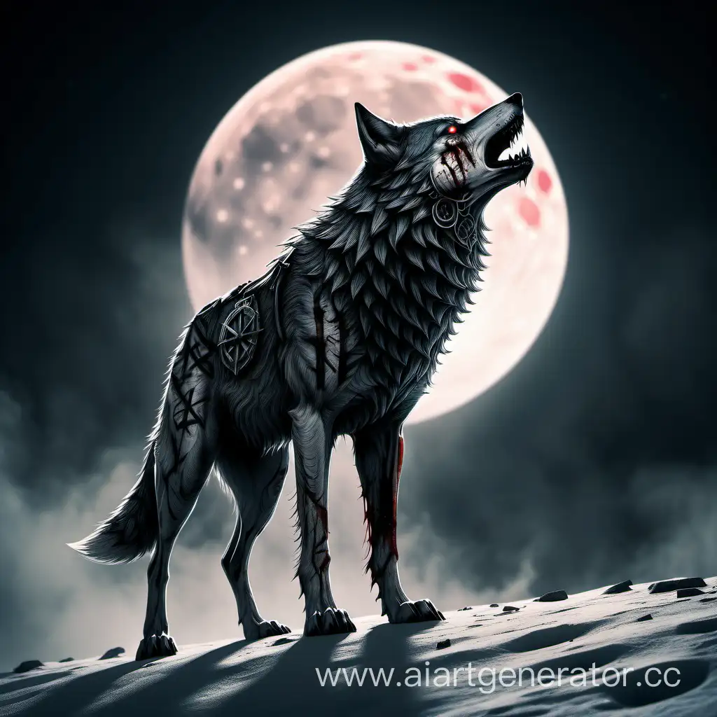 Альфа-Волк стоит спиной к кровавой луне, на морде имеются шрамы, в низу скандинавские символы