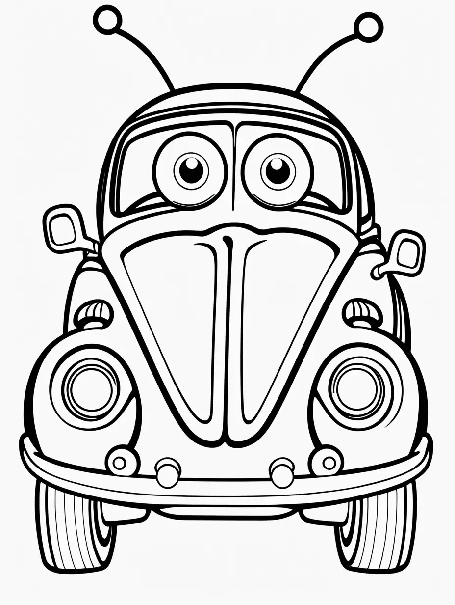Very easy coloring page for 3 years old toddler. Cartoon Smile Beetle car with eyes. Without shadows. Thick black outline, without colors and big details. White background.
