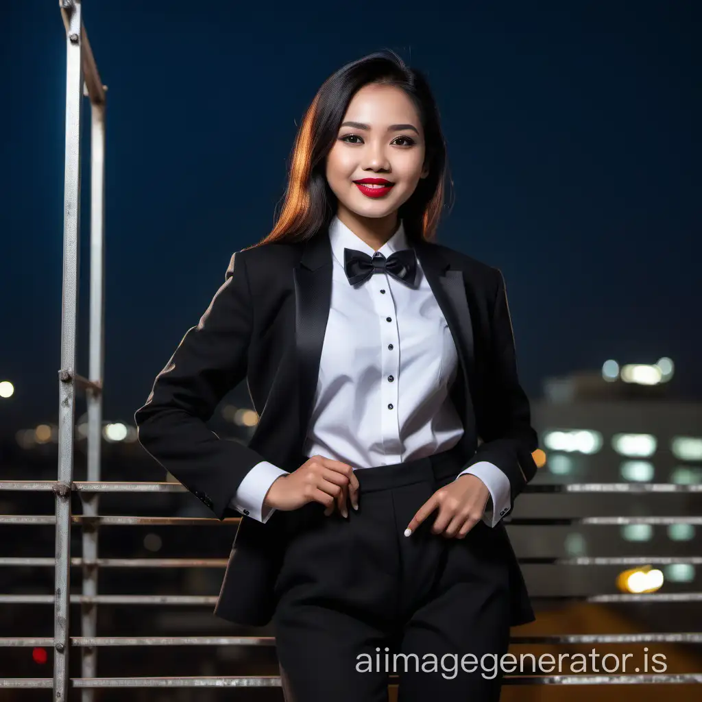 It is night. A cute and sophisticated and confident indonesian woman with shoulder length hair and lipstick.  She is facing you while walking toward the edge of a scaffold.  She is wearing a black tuxedo with a black jacket.  Her shirt is white.  Her bowtie is black.  Her cummerbund is black.  Her pants are black.  Her cufflinks are black.  She is smiling and laughing.  She is relaxed.  Her jacket is open.