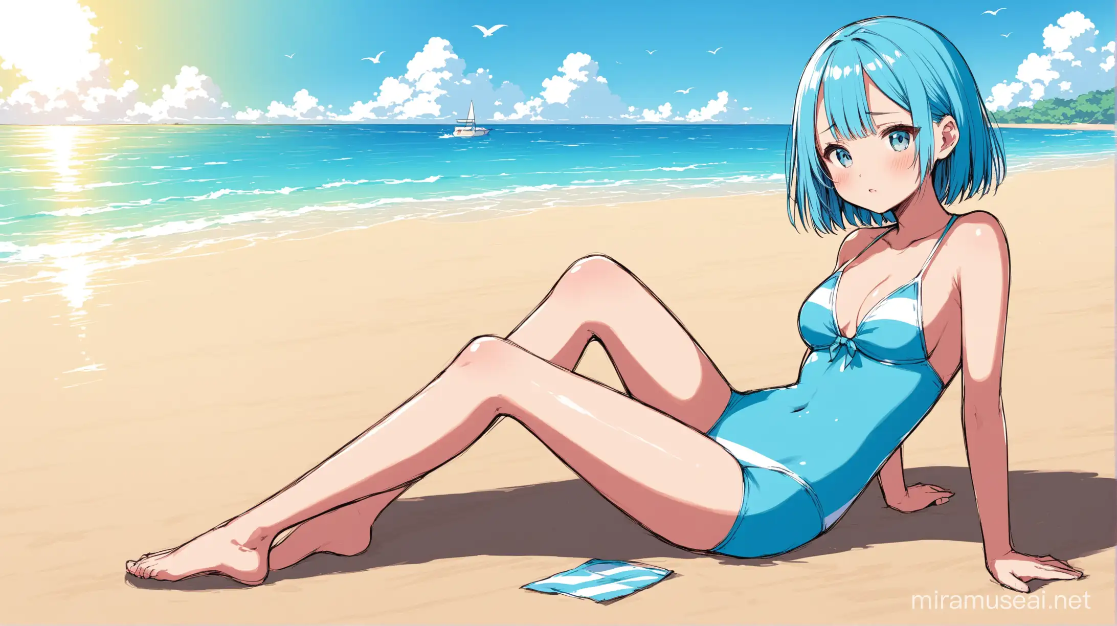 Draw the character Rem sitting at the beach wearing a swimsuit