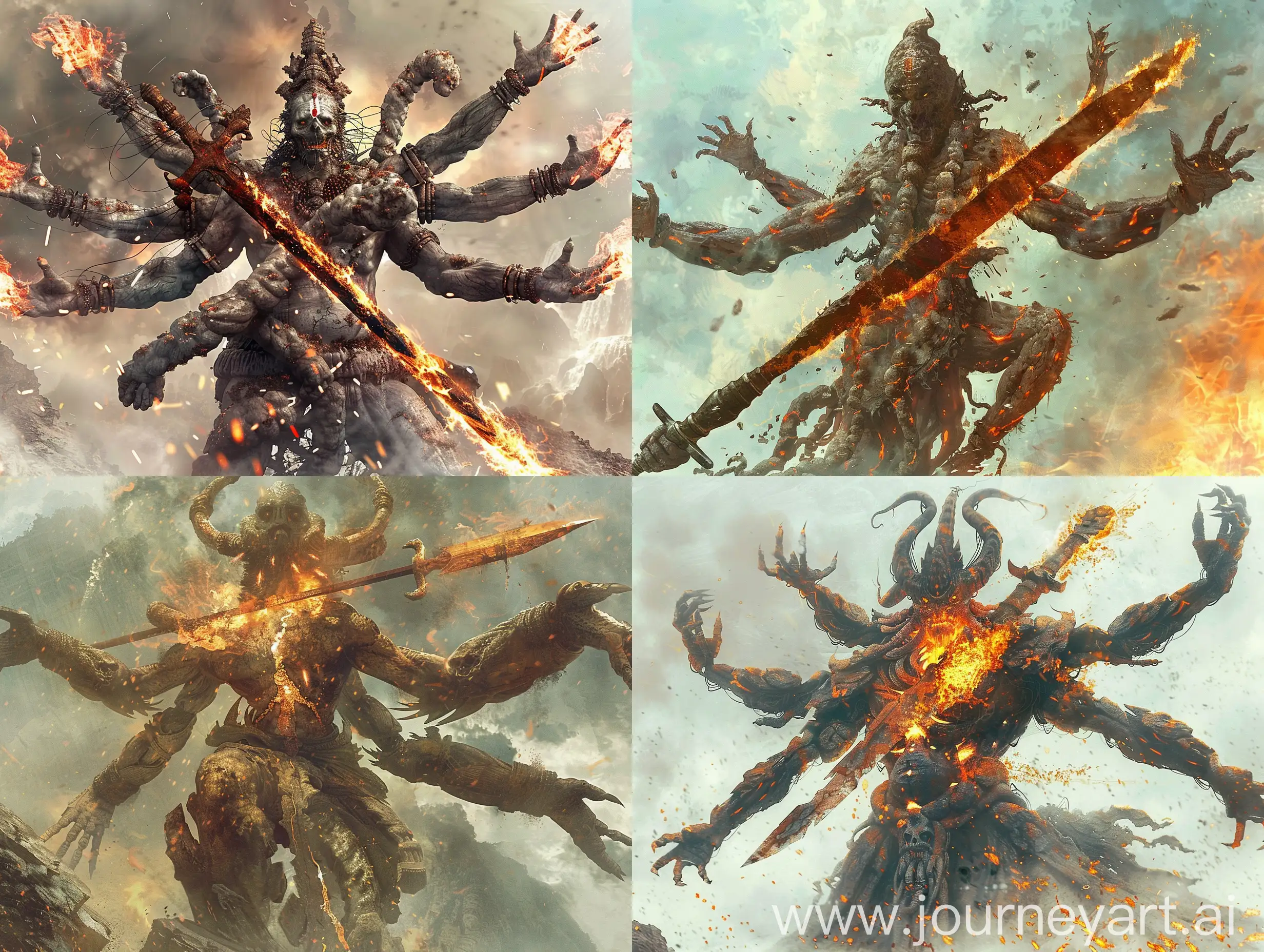 An eldritch God of extinction Giant Eldritch god God of death Humanoid Multiple humanoid arms Taller than mountains Arms reaching out in multiple directions humanoid arms vishnu Weilding giant executioner's sword Flames erupting from body weilding fire rusted sword chipped blade cosmic horror eldritch being Giant enormous miles high resolution realistic detailed Image