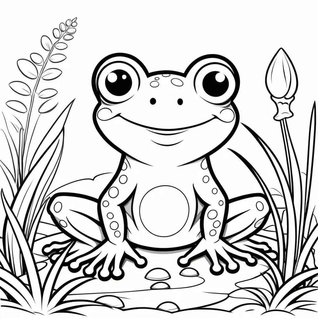 Create a coloring book page for 1 to 4 year olds. A simple cartoon cute smiling friendly faced Frog  in their native enviroment. The image should have no shading or block colors and no background, make sure the animal fits in the picture fully and just clear lines for coloring. make all images with more cartoon faces and smiling