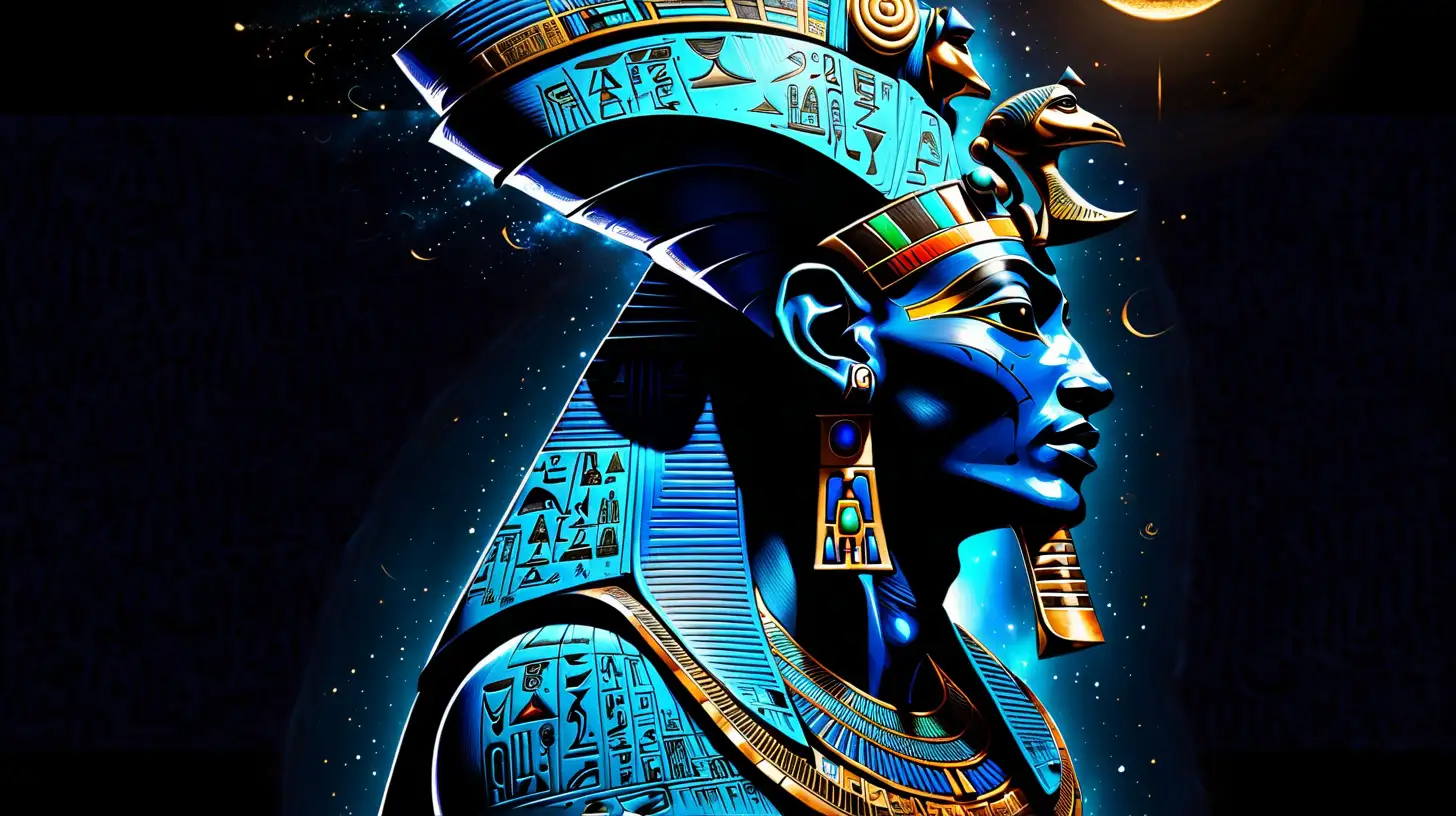 Dark outer space Background, profile view, ET Egyptian Male God, Osiris,long, blue contemporary coat with illuminated hieroglyphics all over it, wearing a tall, blue, inverted conical headpiece, also with illuminated heirglyphs