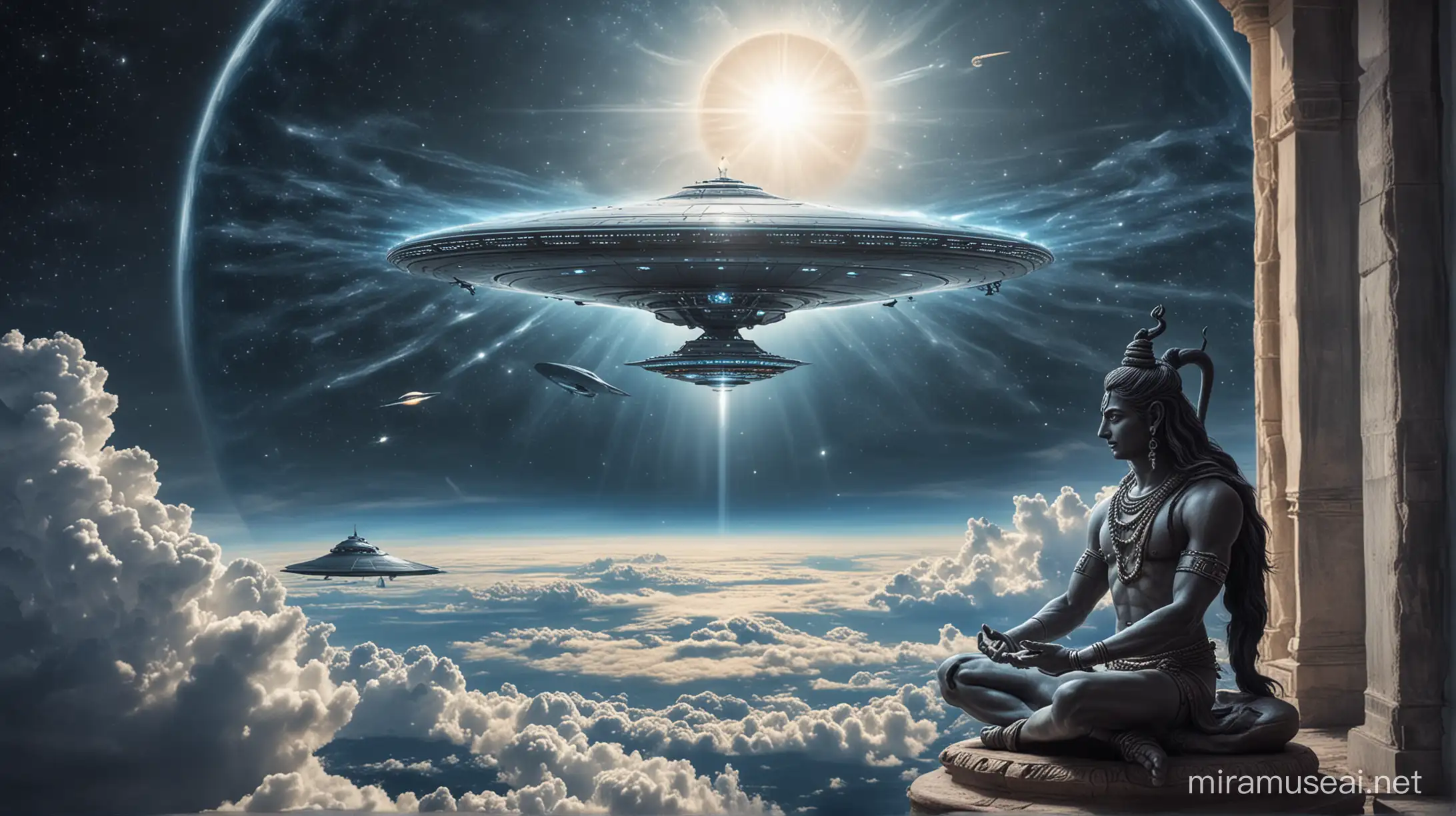 lord shiva  is sitting in the front window piloting a UFO, looking towards the earth from sister. Make a photo like this.