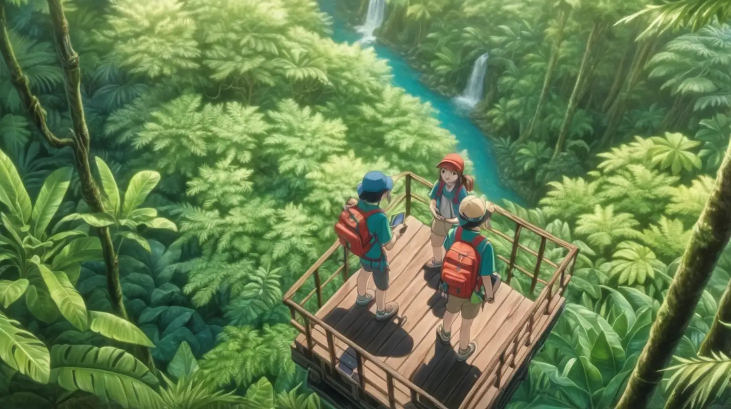 japanese anime inspired, male and female
explorers exploring rainforest, ariel shot