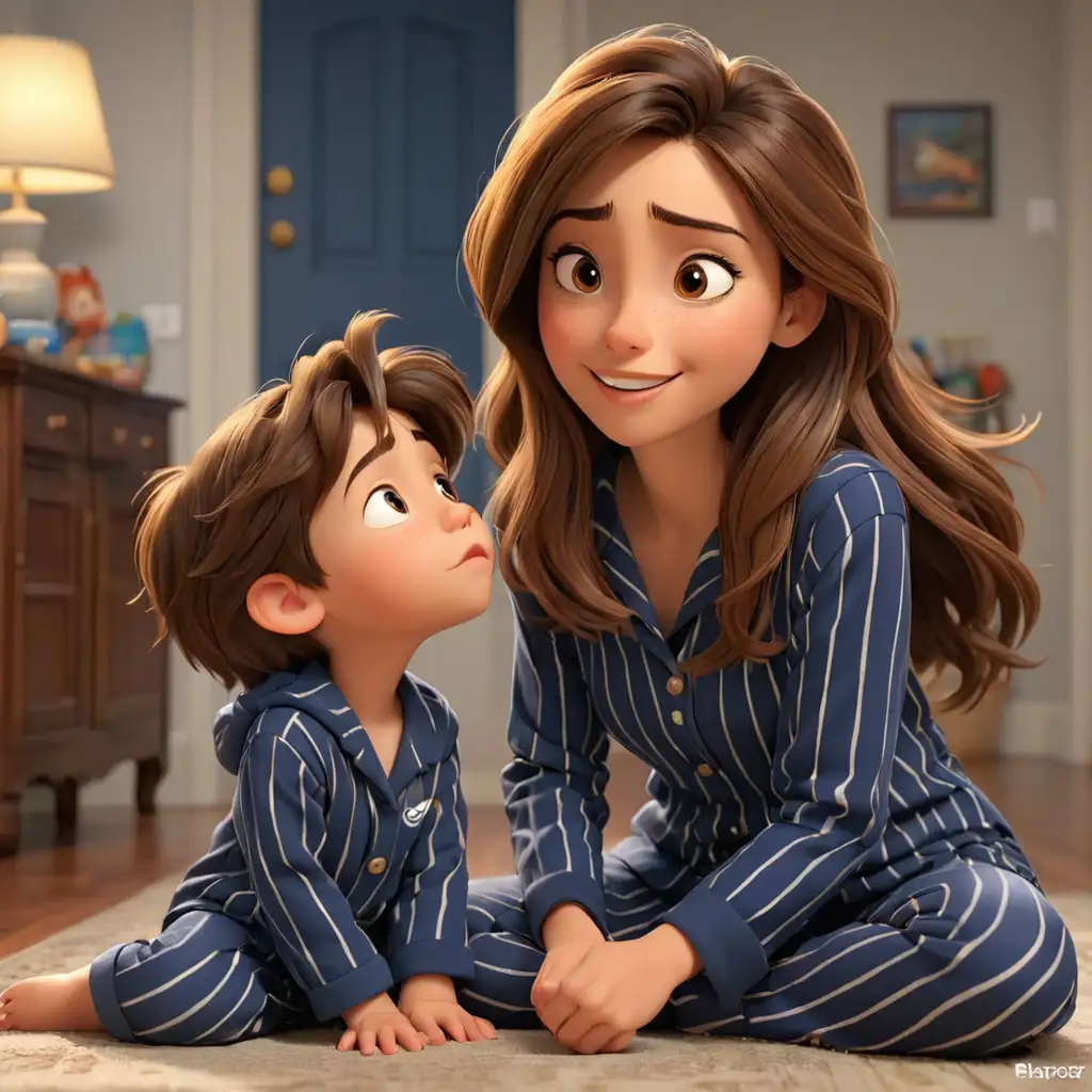 Disney pixar theme, 3d animation, beautiful mom, long straight brown hair and brown eyes, son with neat brown hair and brown eyes, happily sitting on the floor giving kiss on nose, wearing navy blue stripe pajamas