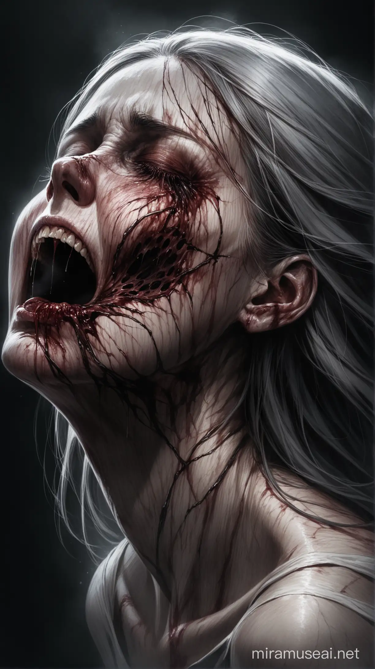 The face of a dead middle aged woman. her skin of a grey palor. Her face twisted in agony. Spit coating all her mouth. Dark veins all over her body. 