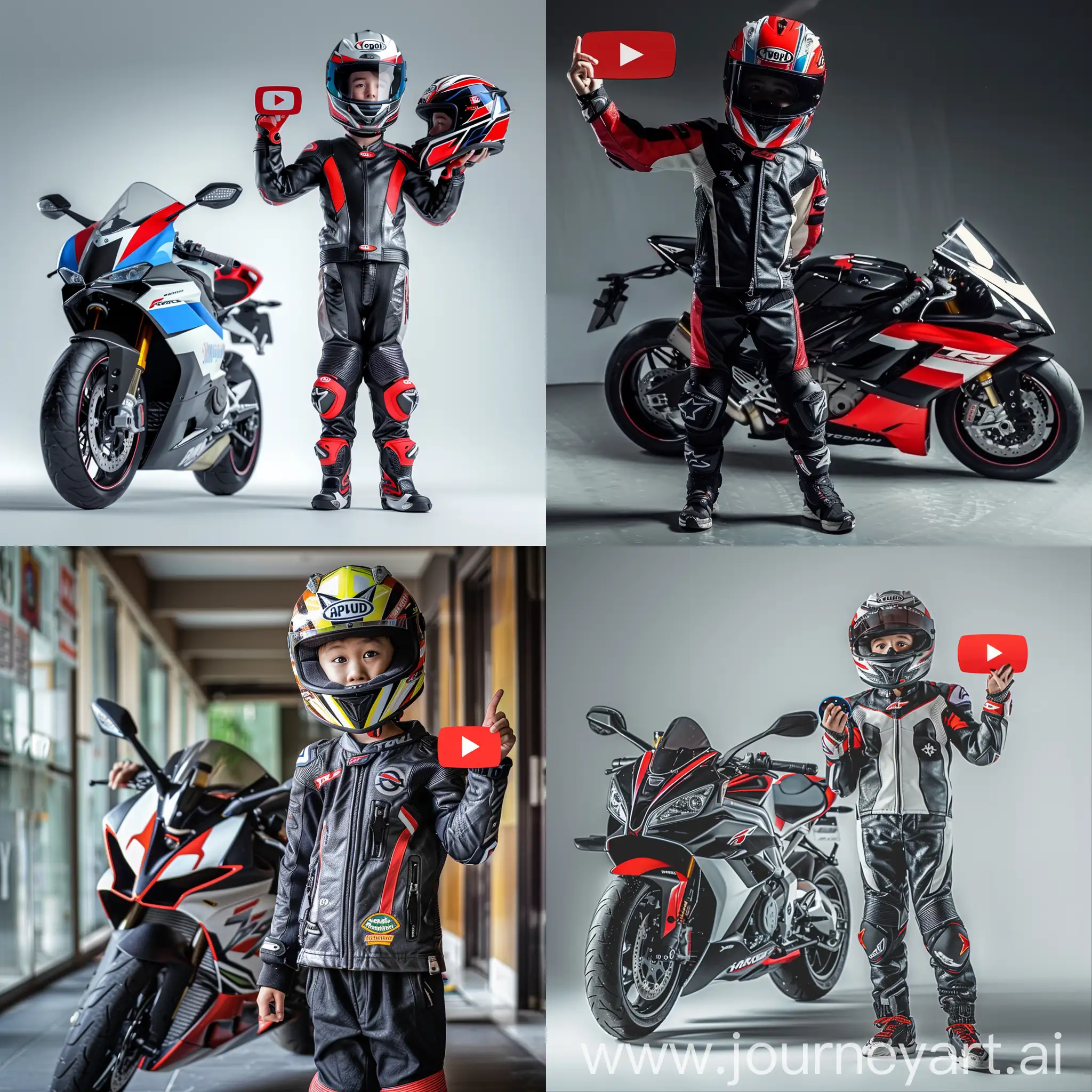 A boy standing beside a superbike and holding YouTube playbutton in his right hand and wearing a premium racing helmet