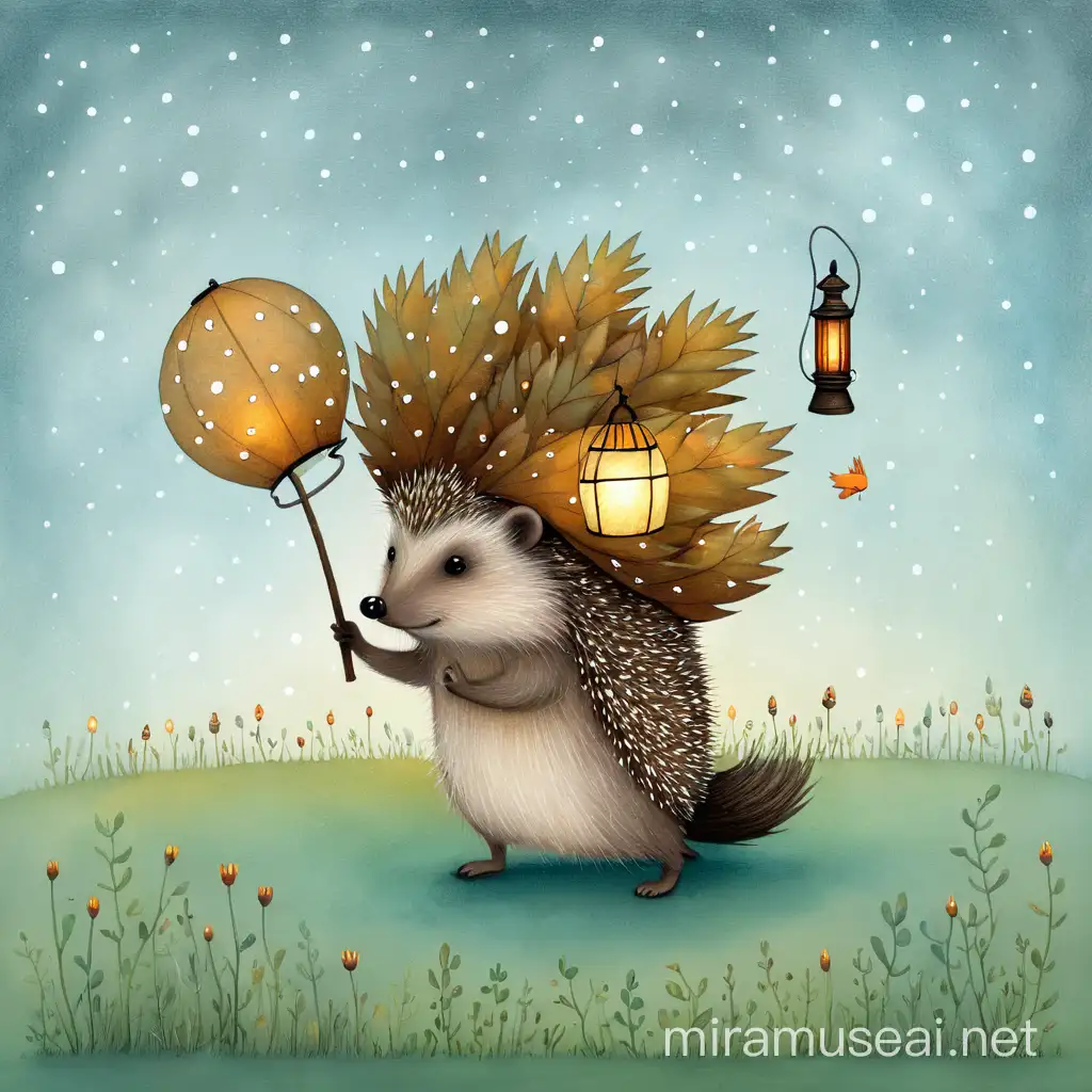 Adorable Hedgehog Holding Lantern in Whimsical Style by Andy Kehoe