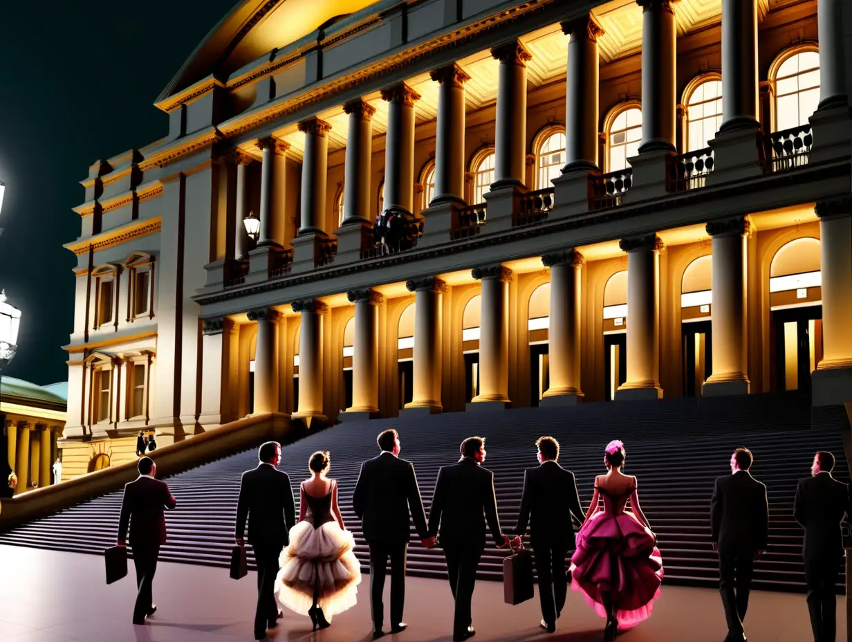 People walking up to the Opera House in fancy  clothes at night

