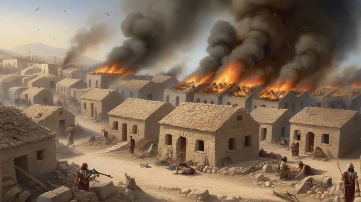 epoque biblique, un village cananéen complètement détruit par la guerre, de la fumée monte des maisons incendiées, des ruines, en fond l'armée d'israel avec leurs boucliers portant l'étoile de david