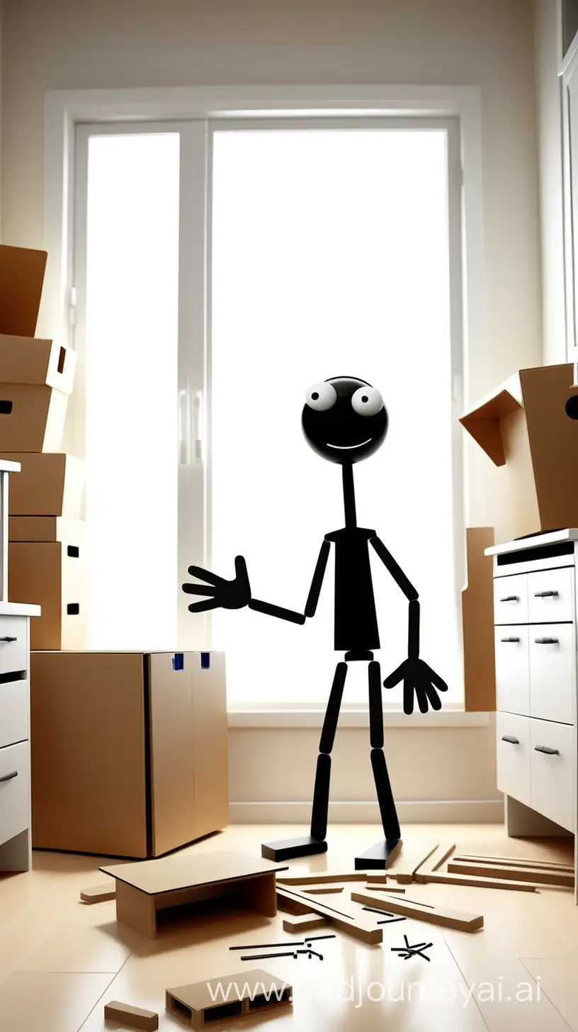 A confused (stick figure) trying to assemble IKEA furniture without the manual. It has parts all over the floor ( make it funny and entertaining)
